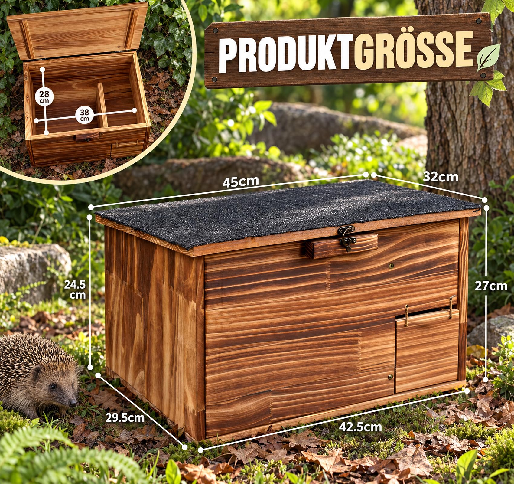 Homewit XXL Igelhaus aus Holz mit Boden, Igelhütte 45 cm für Garten & Natur