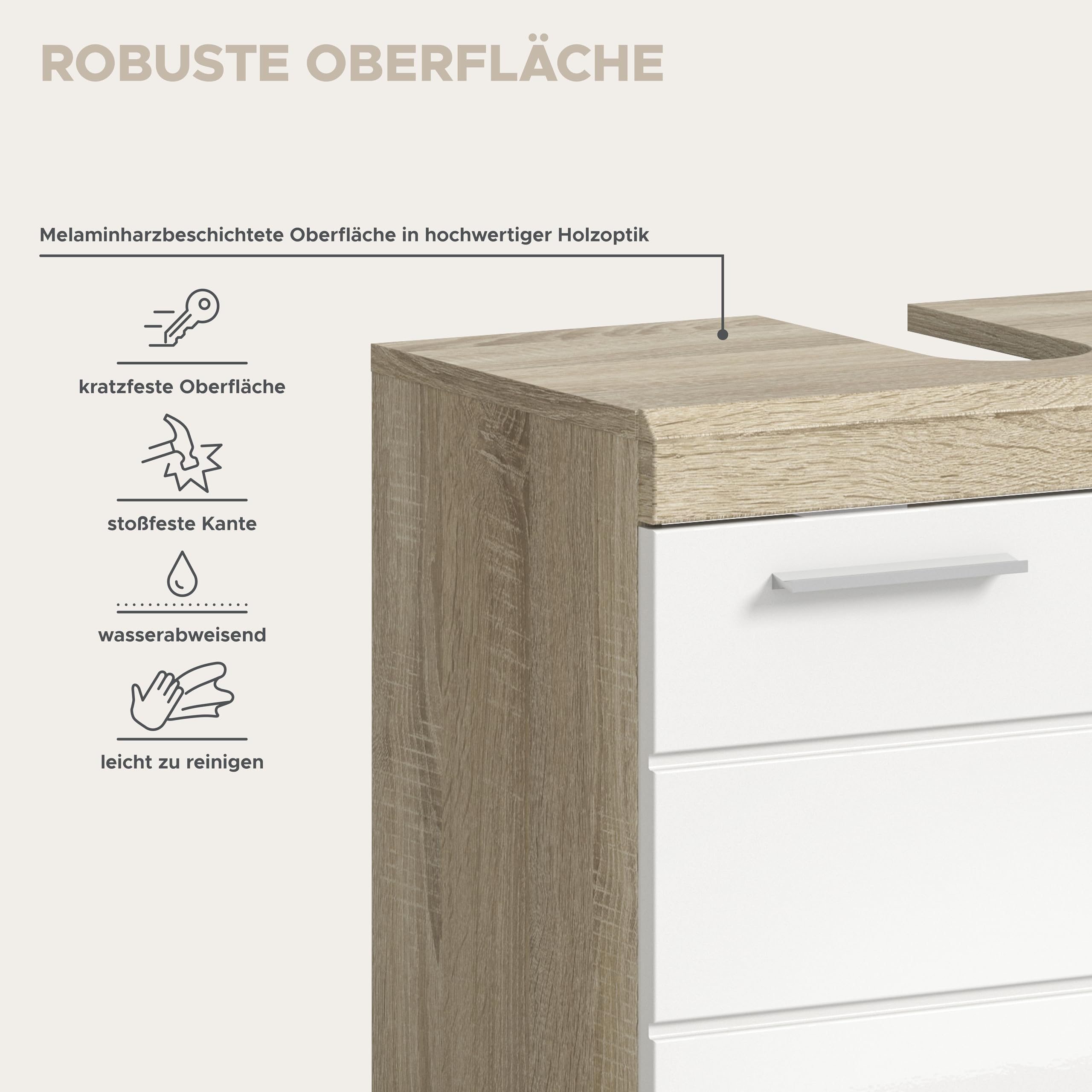 xonox.home - Waschbeckenunterschrank Lambada 60x56x34 cm in Sonoma Eiche hell und weiß Hochglanz - Unterschrank Badmöbel Badezimmerschrank - hochwertig verarbeitet stilvolles Ambiente