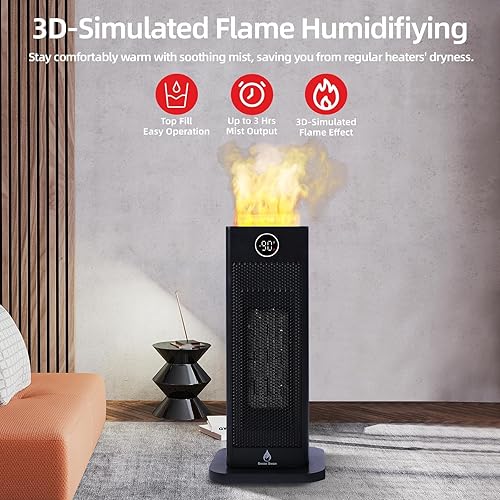 Miniatura 6 de Calentador de espacio 3 en 1 mejorado con humidificador de efecto de llama, calentador de torre PTC de cerámica con oscilación de 70, control