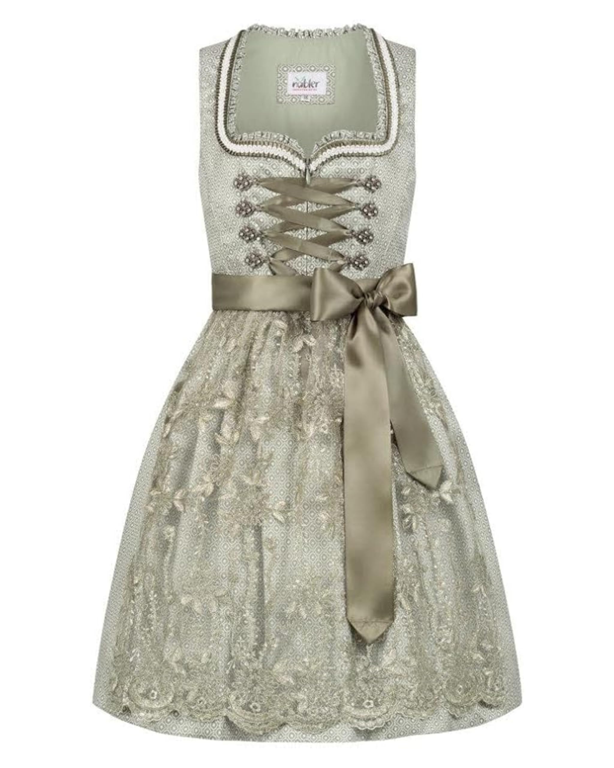 Nübler Damen Dirndl Vivian I Größen 30-46 I Mini-Dirndl mit Rocklänge 55 cm & passender Schürze I Kurzes Trachtenkleid mit festlichem Schnitt & dezenten Details I Ideal für Trachten & Festlichkeiten 38 Grü