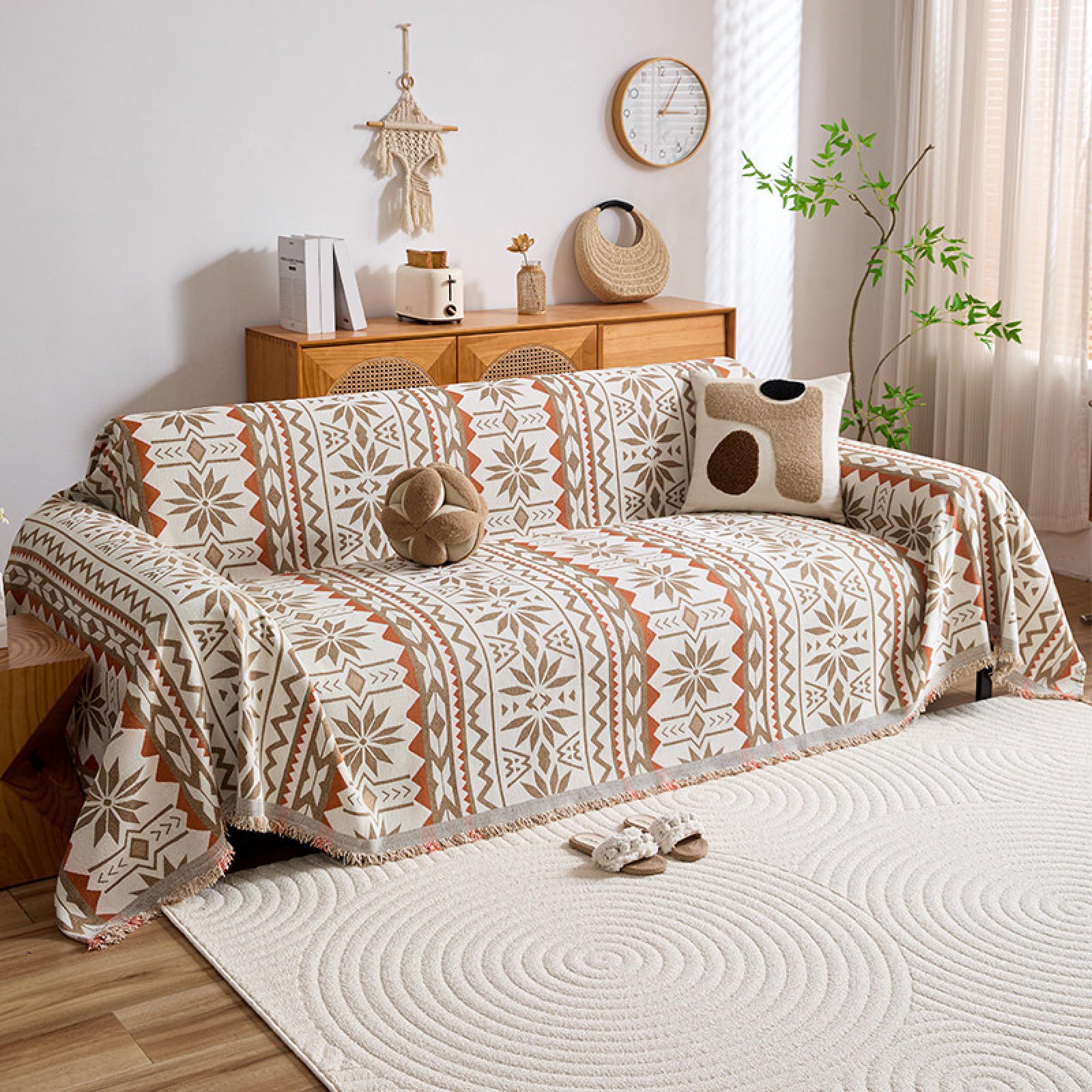 Pokrowiec na sofę boho 1-2-, 3-, 4-osobową, etniczny vintage, rustykalny, geometryczny wzór, szenilowa, narożna, zmywalna, w kształcie litery L, pomarańczowy, 180 x 300 cm
