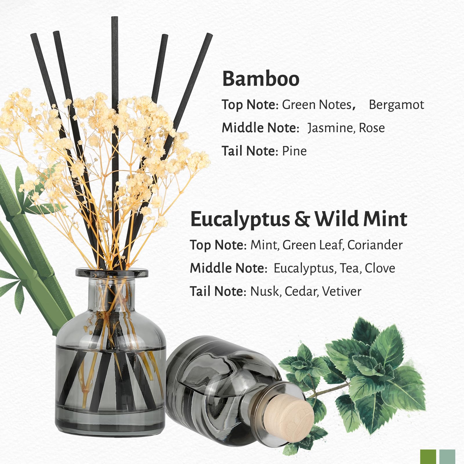 Brakula 2 Pack Reed Diffuser, Bamboo + Eucalyptus & Wild Mint (3.38 fl oz Each Pack), Home Fragrance with 12 Sticks,Bathroom Decor, Reed diffusers for Home