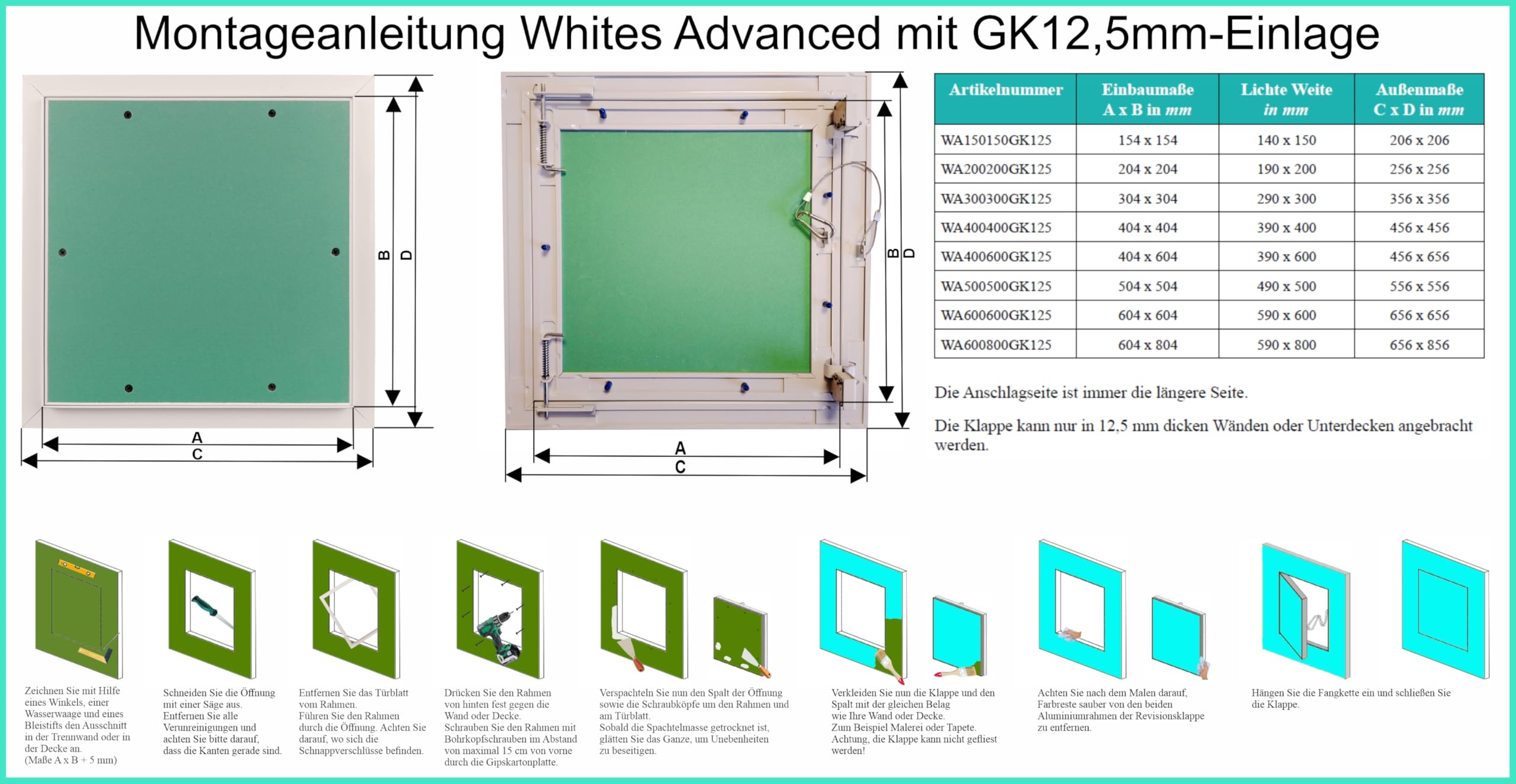 Revisionsklappe The White Edition Advanced 600x600mm mit 12,5mm GK-Einlage für die Montage an einer Gipskartondecke oder -wand