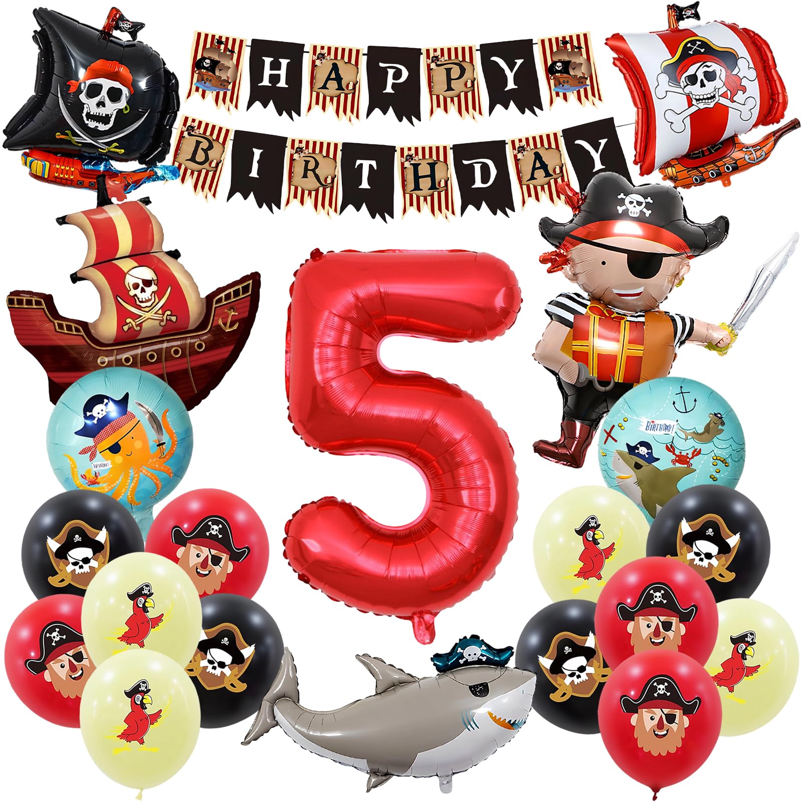 Piraten Deko Geburtstag für Kinder, Piratenparty Luftballons 5 Jahre Set mit Folienballons Piratenschiff, Hai, Pirat & Nummer 5, Latexballons & Girlande für Piraten Geburtstag Deko Kindergeburtstag