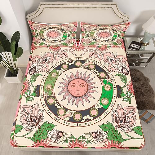 Miniatura 4 de Juego de sábanas de sol vintage con bolsillo profundo, sábana bajera ajustable para niños, diseño floral botánico, juego de ropa de cama con patrón