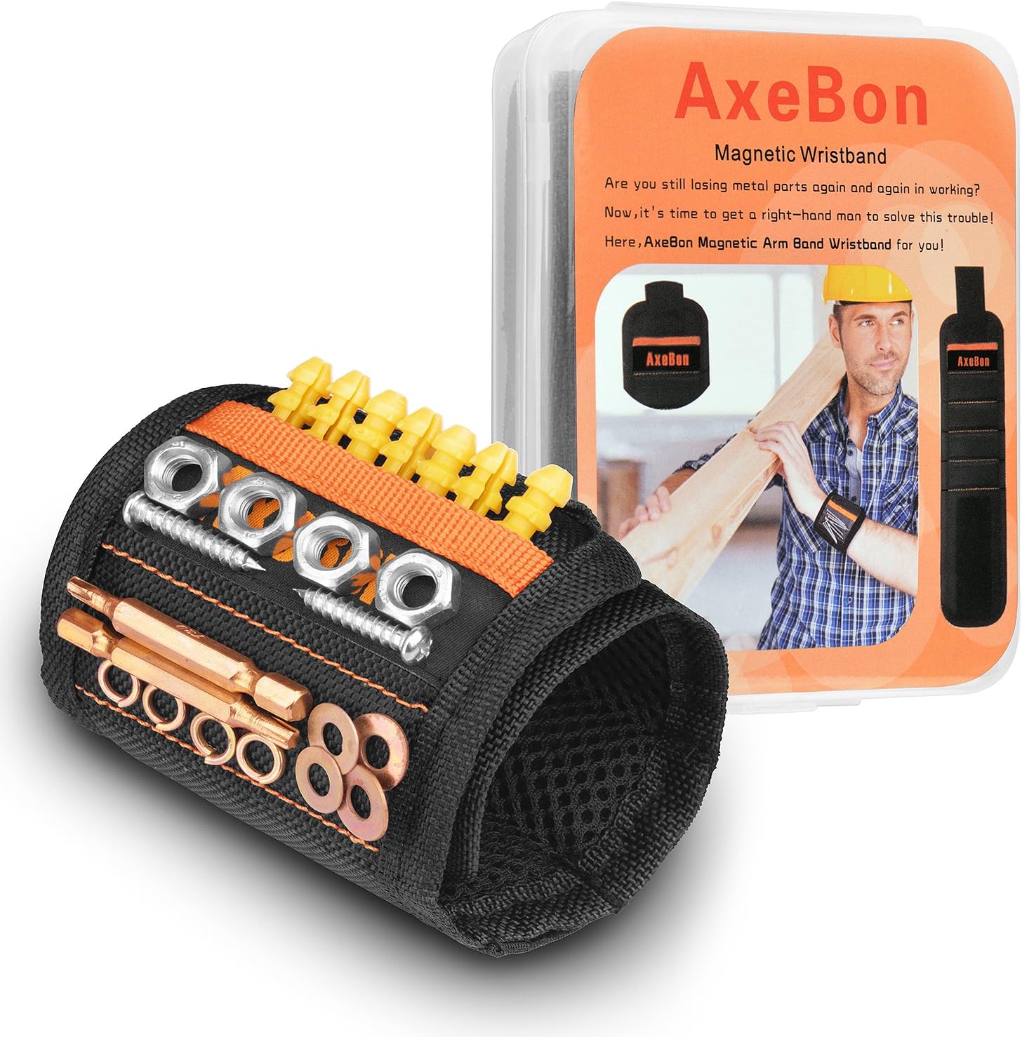 Magnetic Wristband with 15 Strong Magnets , AxeBon Elastic Magnetic Armband for Holding Screws, Bolts, Nails, Bits, Screwdrivers, Pliers, Stopper, Best for DIY Handyman Men Women
