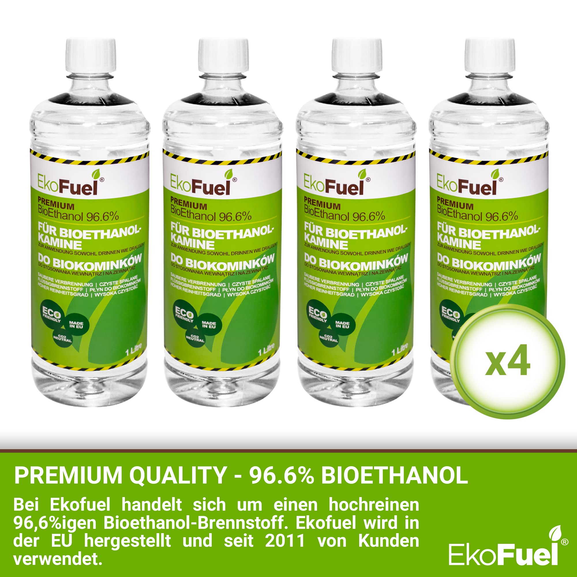 EKOFUEL (4 Liter) Premium BioEthanol 96,6% – Bio Ethanol Brennstoff für Ethanol Kamin, Tischkamin, Kamin Wand, Standkamin | Indoor & Outdoor Bio Ethanol | Bioethanol Kamin | Bio Alkohol