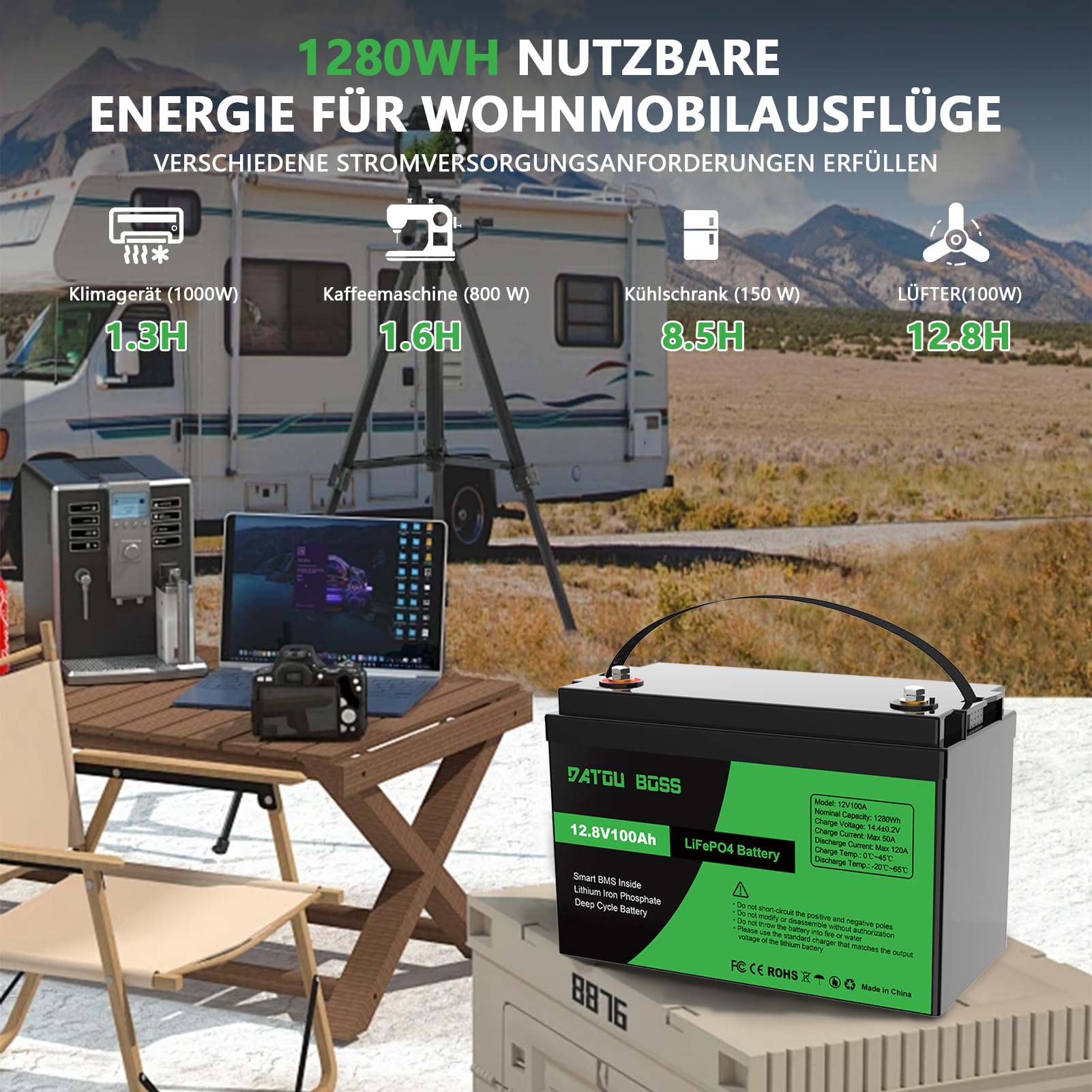 DATOUBOSS Batterie Lithium 12V 100Ah LiFePO4 mit Grade-A-Zellen, 8000+ Zyklen Deep Cycle Lithium Akku, 1280Wh Energie, 100A BMS, unterstützt Serien-/Parallelschaltung, für Wohnmobil und Solarsystem