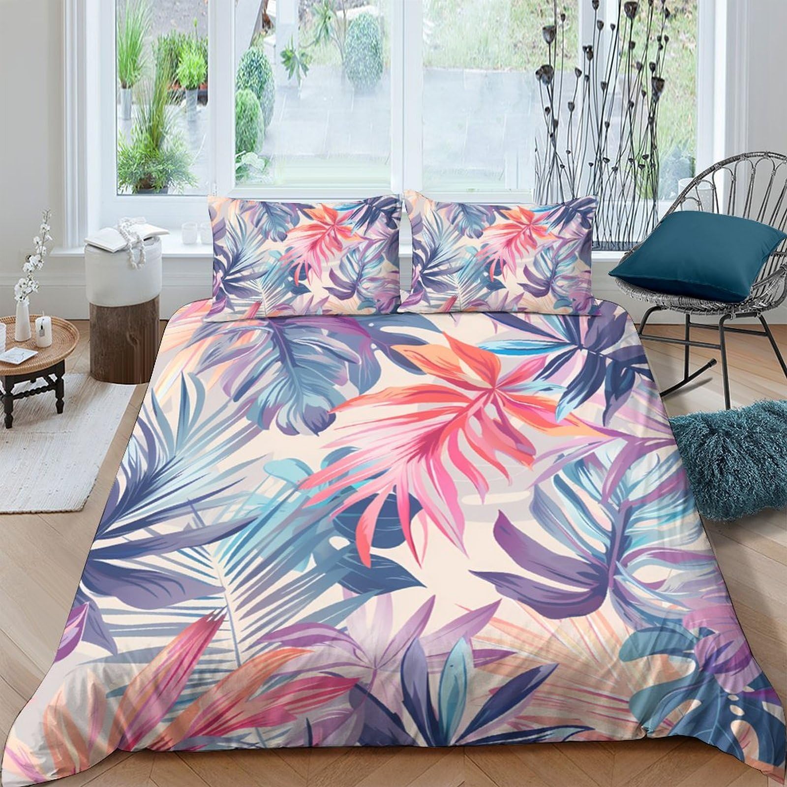TUFRTGYHN 3D Printed Tropical Leaves Duvet Cover Microfiber Soft Breathable Floral Bedding Set with 2 Pillowcases for Bedroom Decor Single（135x200cm）