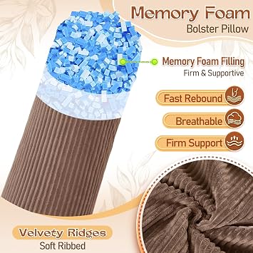1 MIDDLE ONE Body Pillow, Memory Foam Round Body Pillows for Adults, Firm Long Bolster Pillow for Bed, Cylinder Tube Roll Pillow with Velvet Cover, 47x7.87 Inches (Coffee (Corduroy))