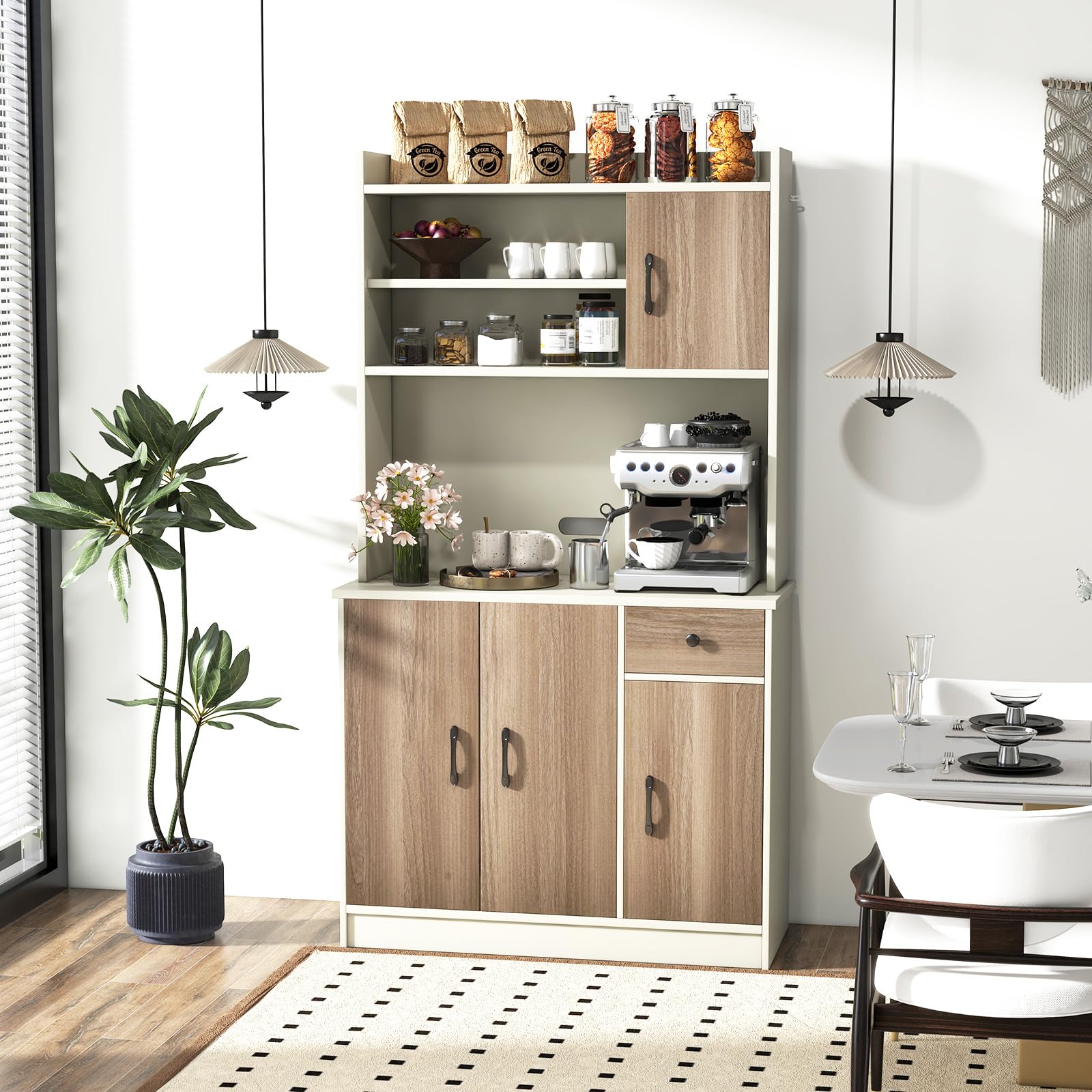 KOMFOTTEU Hochschrank Buffetschrank 180cm, Küchenschrank mit & Kabellöchern, Mehrzweckschrank mit 4 verstellbaren Regalen 3 Schränken, Aufbewahrungsschrank groß für Küche Esszimmer (Weiß)
