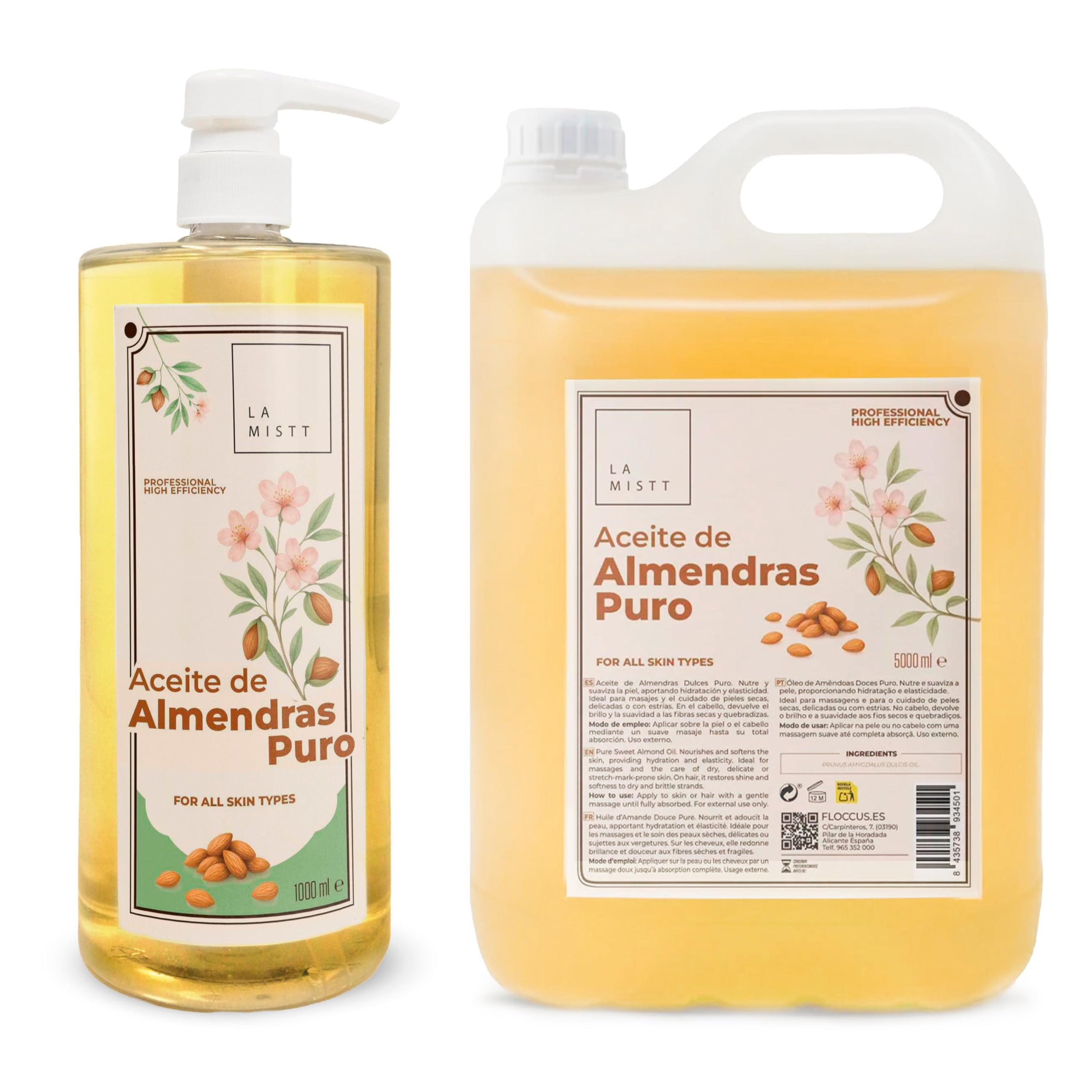 Aceite de Almendras Dulces Puro 5L + 1L | Fórmula Natural | Aceite Para Masajes Uso Profesional | Apto para Todo Tipo de Pieles | Sin Parafina ni Colorantes