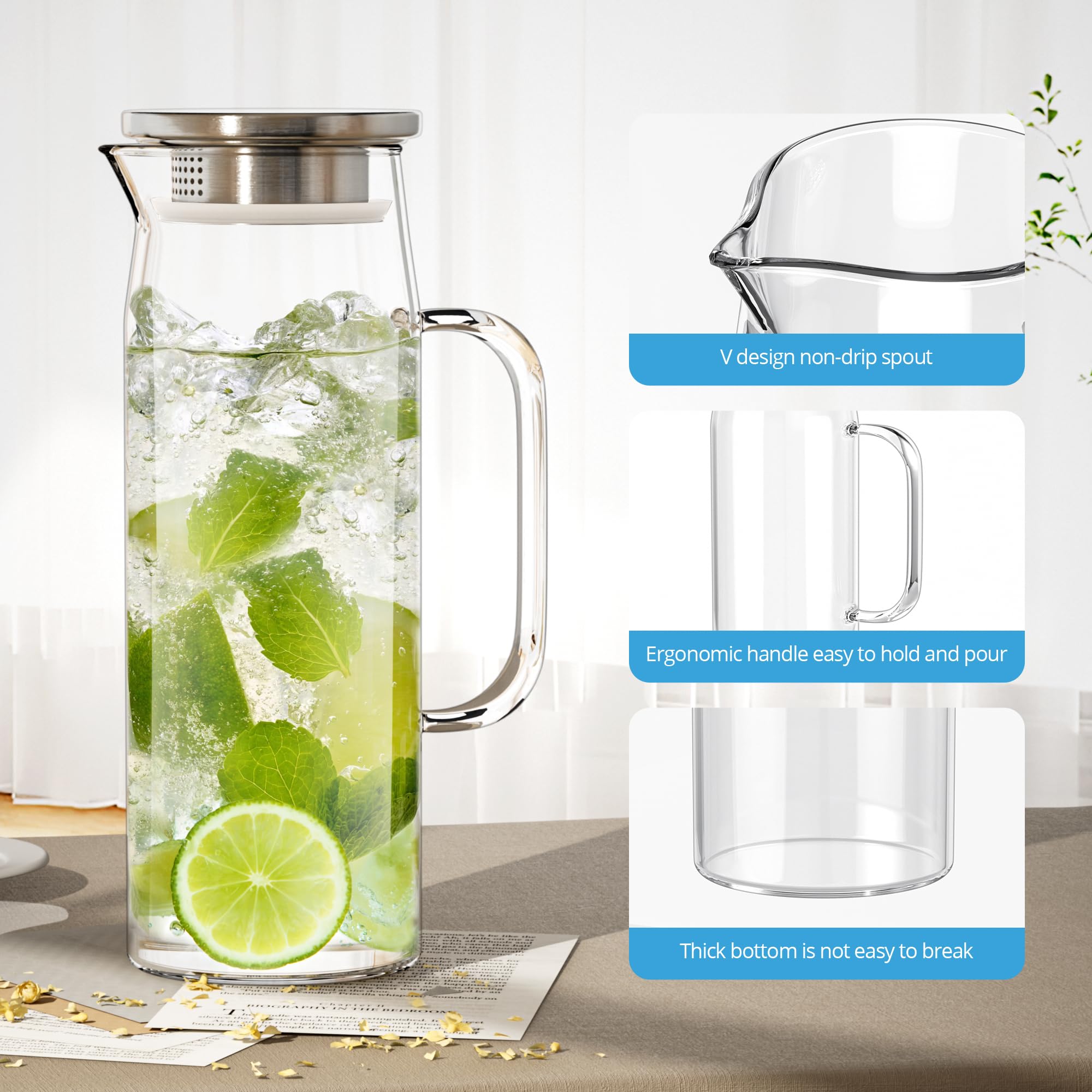 3 Sets Glaskrug mit Deckel, 1,417.5 g / 1500 ml Wasserkaraffe mit Griffen Heißes Kaltgetränkewasser Glas Krug (Edelstahldeckel)