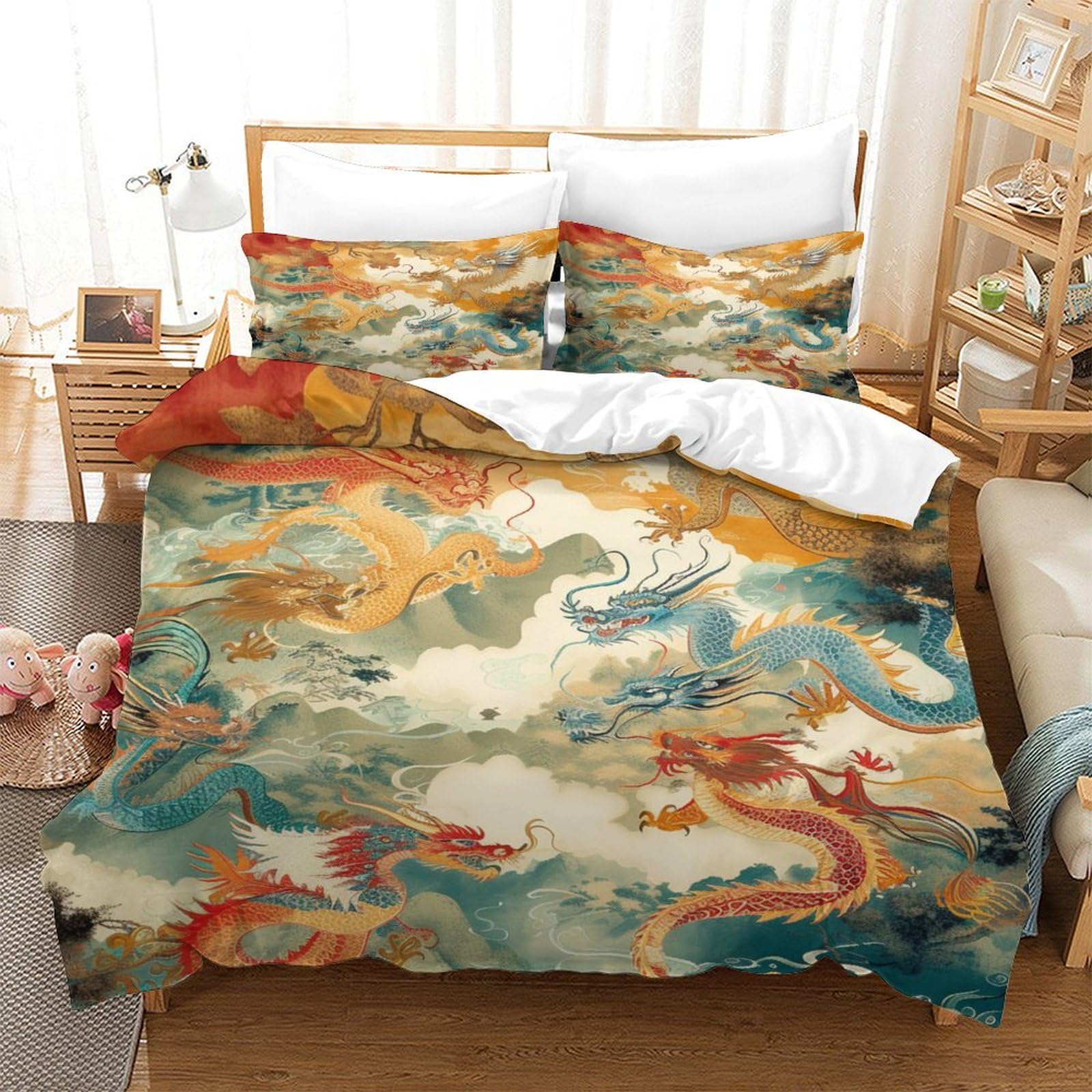 Housse de couette dragon 140x200 parure de lit 3 pièces zippée respirante lit 1 place