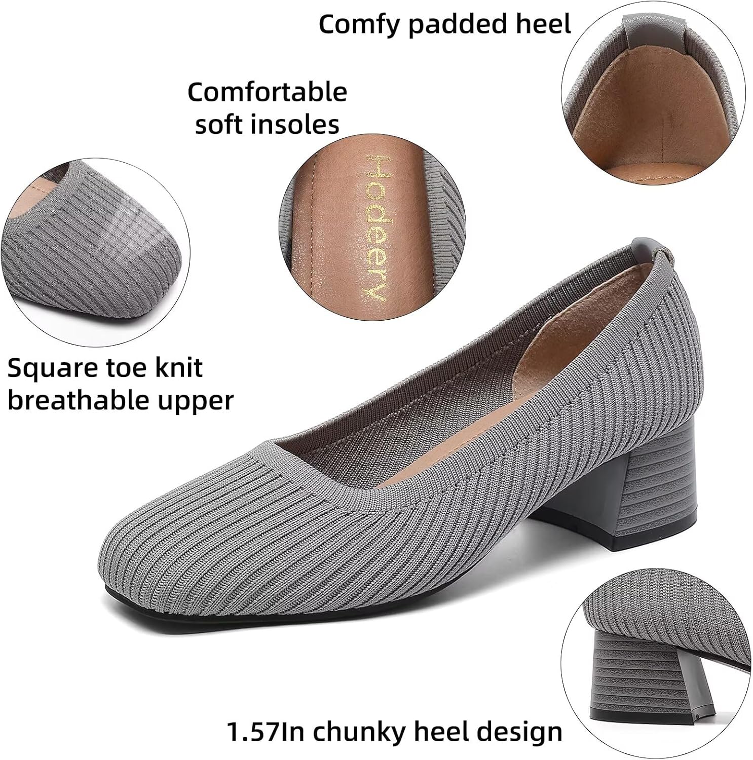 Women's Easy Slip-On Square Toe Knit Heels Comfortable Elegant Chunky Low Heel Pumps 1.57 Inches Casual Party Work Wedding Dress Shoes