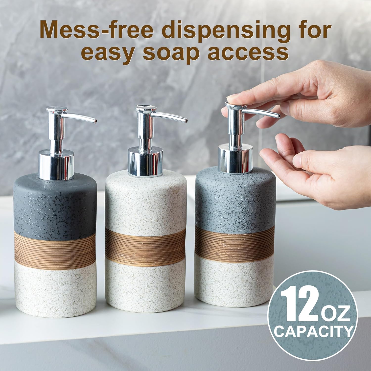 2-Pack Ceramic Soap Dispensers Set, Includes Stainless Steel Pump, Silicone Funnel and Diatomaceous Tray, Hand Soap, Dish Soap, Shampoo and Conditioner Dispenser for Bathroom & Washroom, White - Image 8