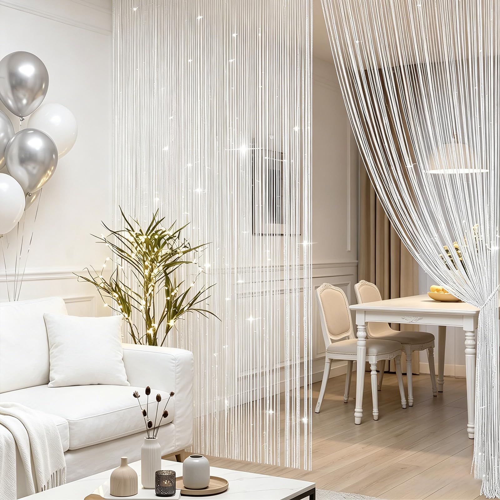 MeYuxg 4 Tenda per Porta con Frange Glitter,100 x 200cm Pannello Tenda a Fili,Effetto Cascata di Rugiada,Divisorio per Camere,per matrimoni, feste,Finestre, Decorazione (Bianco)