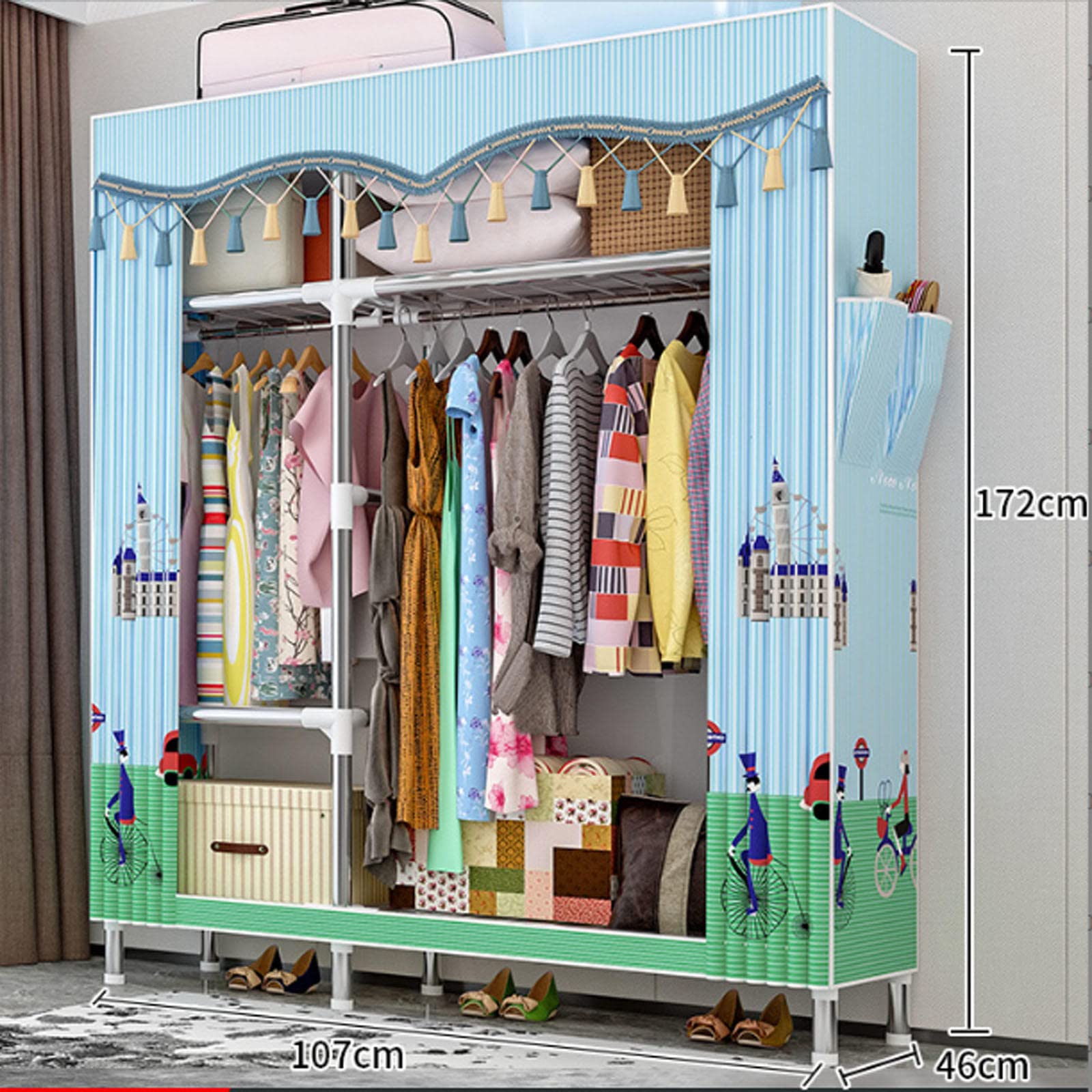 Tragbarer Kleiderschrank aus Segeltuch, Stoff-Kleiderschrank, Aufbewahrungsorganisator mit Kleiderstange, Regale, Kleiderschränke, Regale für Schlafzimmer, Wohnzimmer, C-107 x 46 x