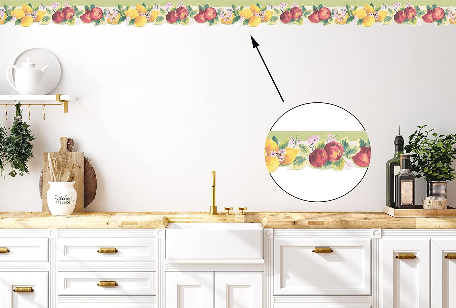 CONCORD WALLCOVERINGS ™ Lemon Apple Orchard Wallpaper Border, 5.25" x 15' Die-Cut Edge Featuring Green, Yellow & Red Fruit, Prepasted Washable Vinyl for Country Kitchens #KT77924