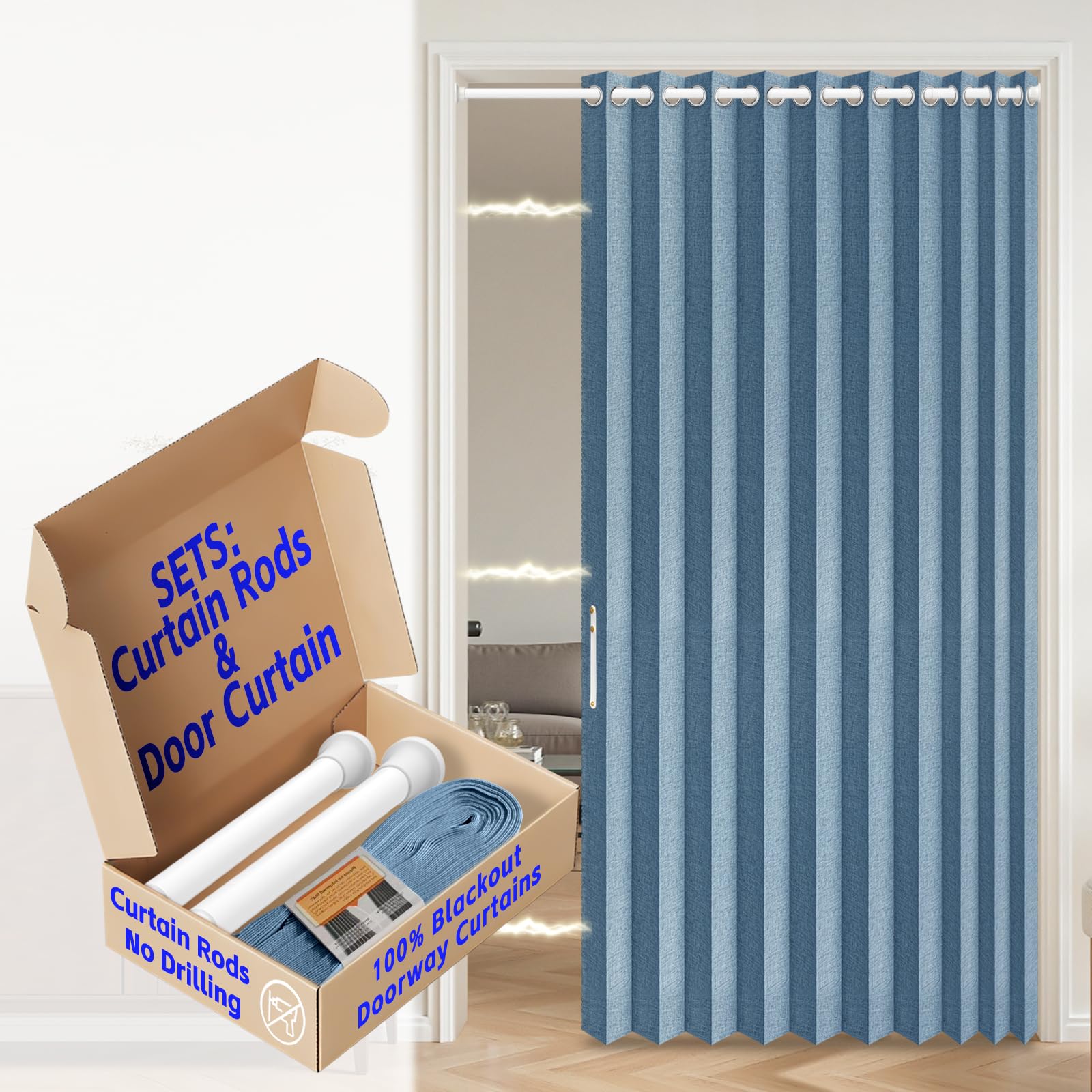 AJAZZ Blackout Accordion Door with Curtain Rods Adjustable 28-52" Long, Accordion Doors Interior Invisible Magnetic Door Curtain for Bedroom Living Room Curtain Set, 1 Pack, W55 x L80 in, Blue