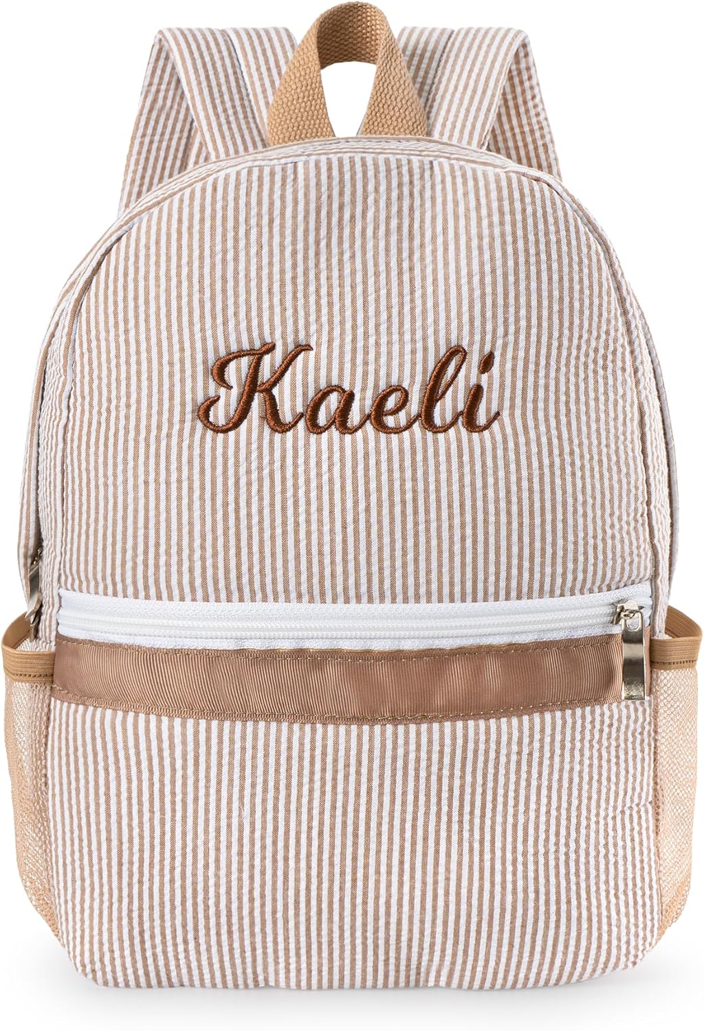 MT WORLD Daycare Backpack Personalized Seersucker Backpack with Name Small 12inch Travel Daypack Custom Preppy Stripped Daycare Bag for Travel Sleepover Family Outings(Brown)
