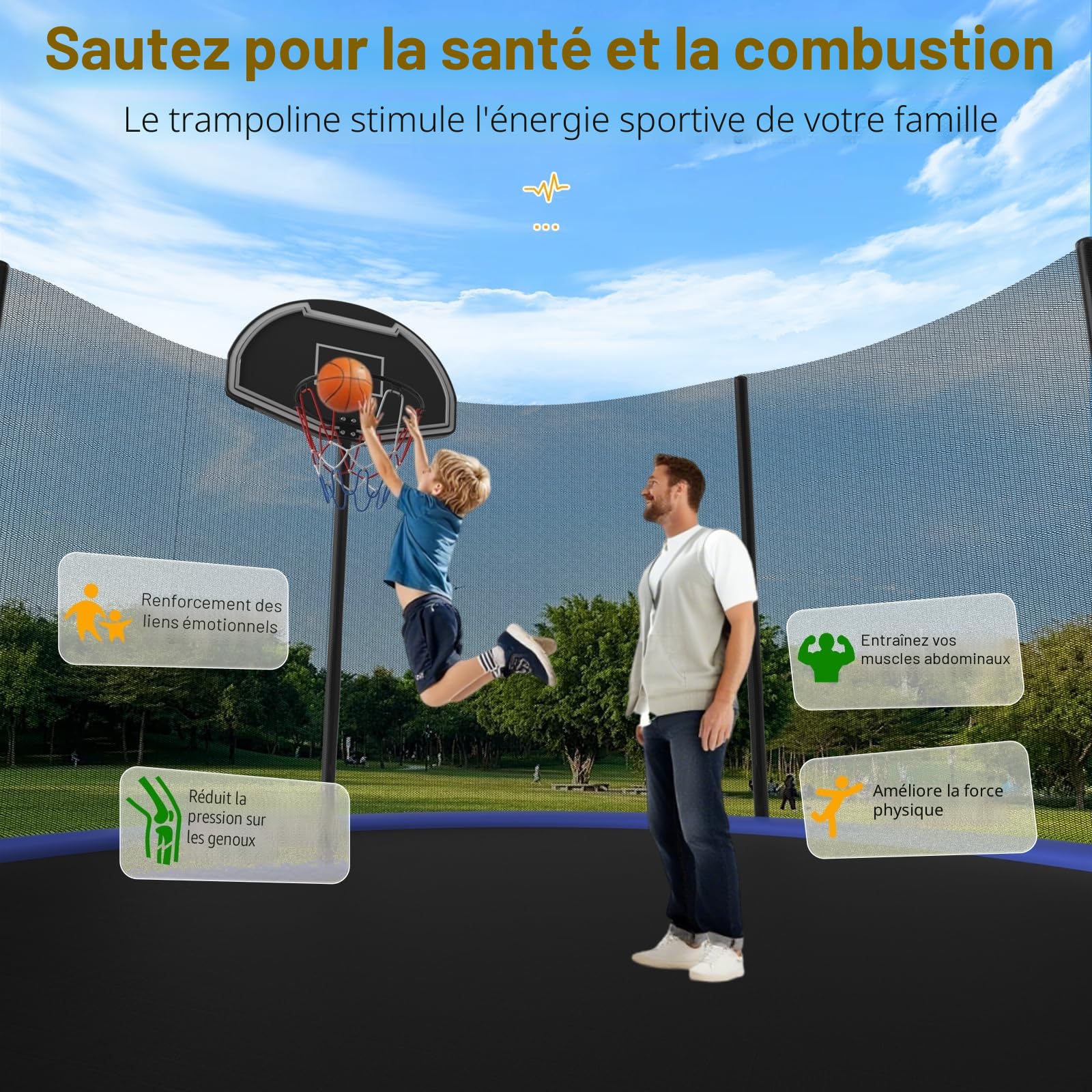 Trampoline d'extérieur 305/366 cm avec panier de basket-ball, échelle et revêtement antirouille - Charge maximale 200/272 kg
