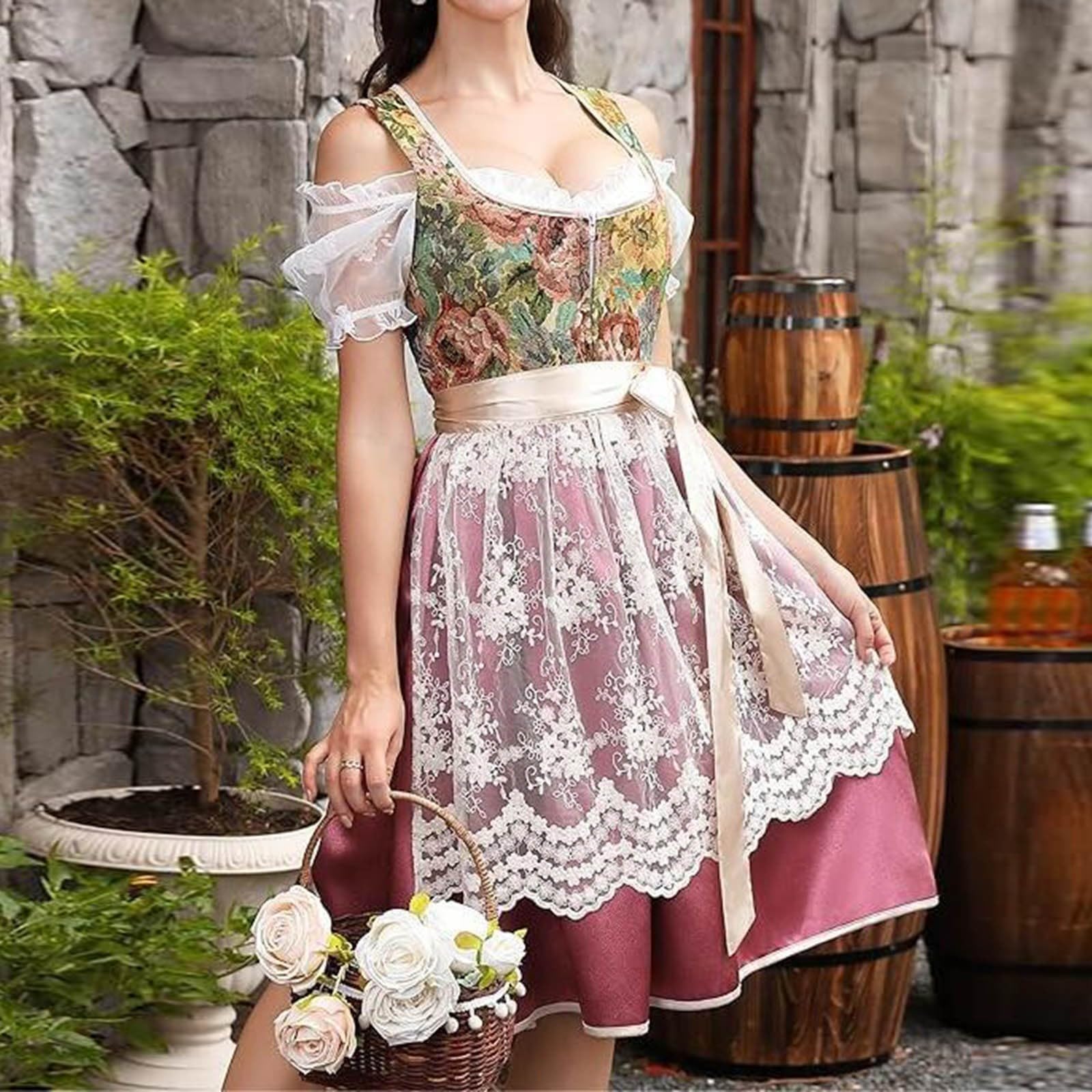 Dirndl Damen Midi Oktoberfest Outfit Komplettsets Trachtenmode Trachtenrock Kleid inkl. Dirndlbluse Dirndlschürze 3 teilig für Oktoberfest Besondere Anlässe Grün Rot Rosa Blau