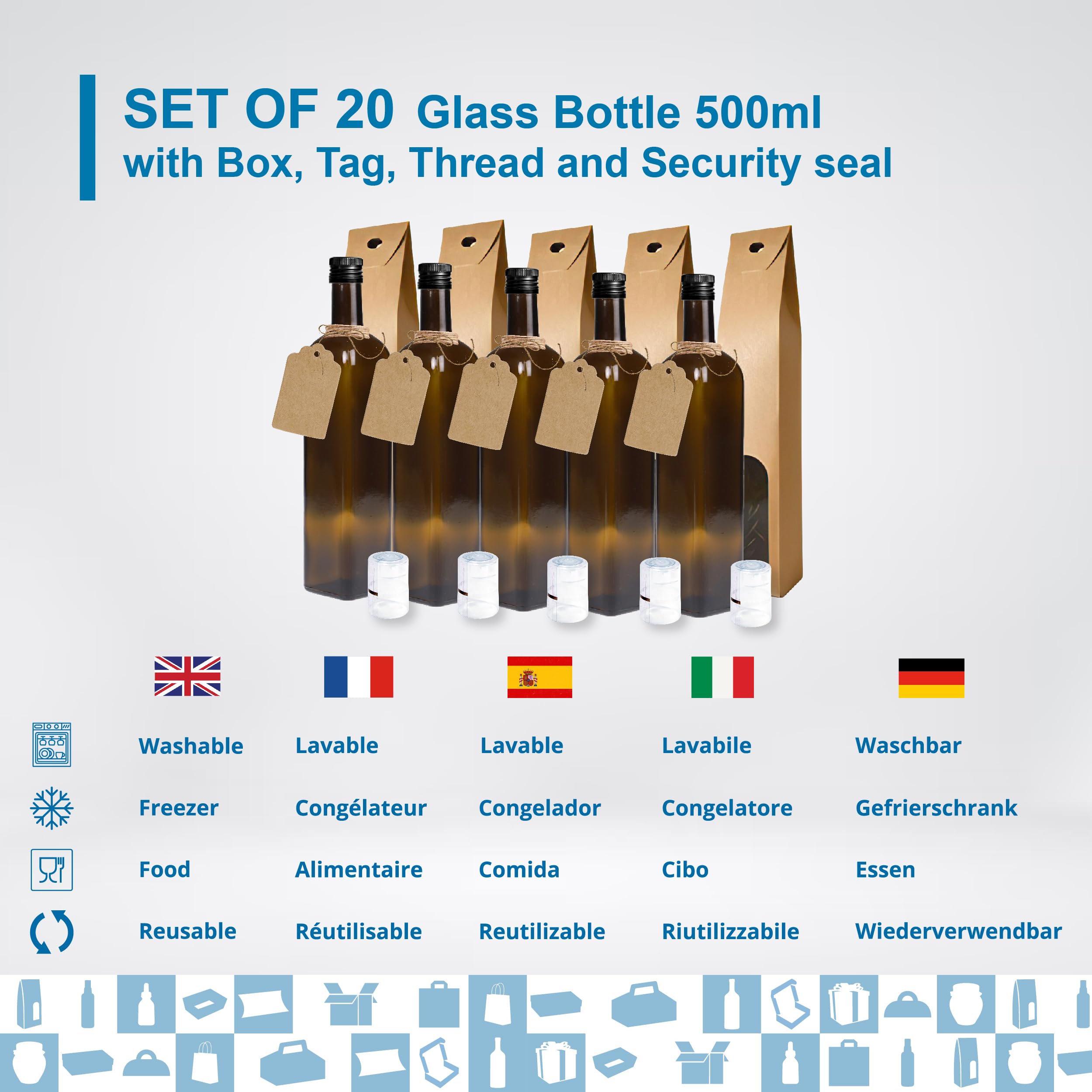 Espirito Rebelde 20 x Flaschen aus dunklem Glas, 500 ml, mit schwarzem Schraubverschluss, 20 Schachteln + 20 Siegel + 20 Kraftetiketten + Schnur – Olivenöl, Essig, Alkohol – Ölflasche aus Glas