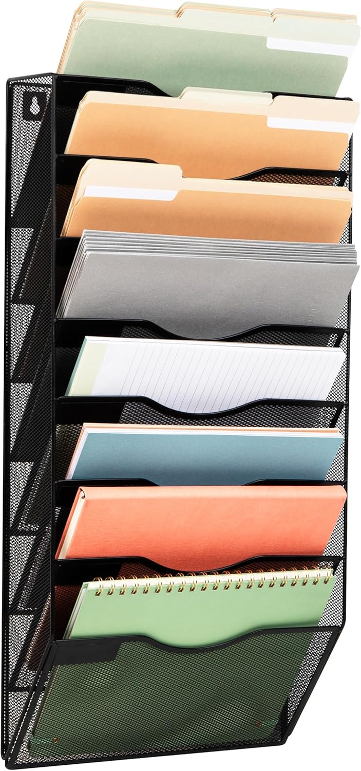 Mind Reader Wall File Organizer, 8 Pocket Hanging Document Rack, Office Wall Mount, Metal Mesh, Black
