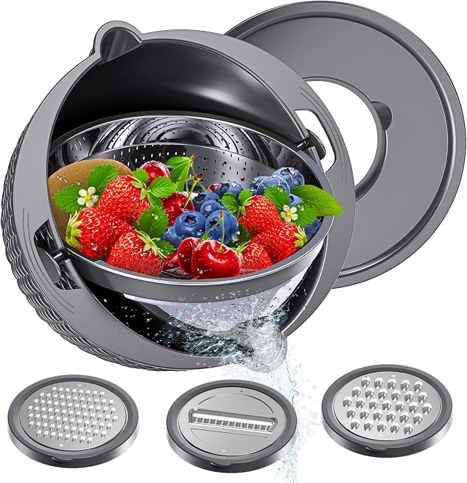 4-1 Colander with Bowl Set - Colander for Kitchen - Strainers and Colanders - Pasta Strainer - Funny Presents for Women - Rice Strainer Fruit Cleaner Veggie Wash Kitchen Essentials, Grey