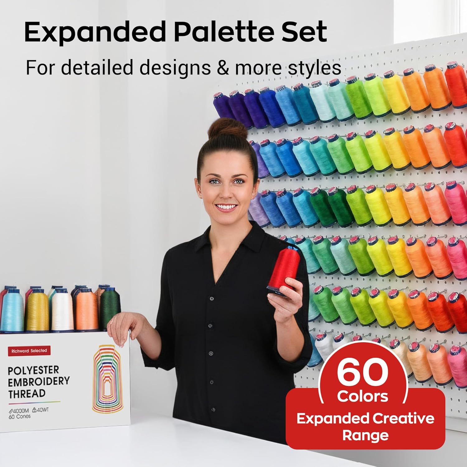 Poolin Embroidery Machine Thread Richword Selected 60 Colors 40WT (108D/2) Polyester Thread Kit Each Cone 4000M (4374Y) — Advanced Set for Detailed & Gradient Embroidery Work