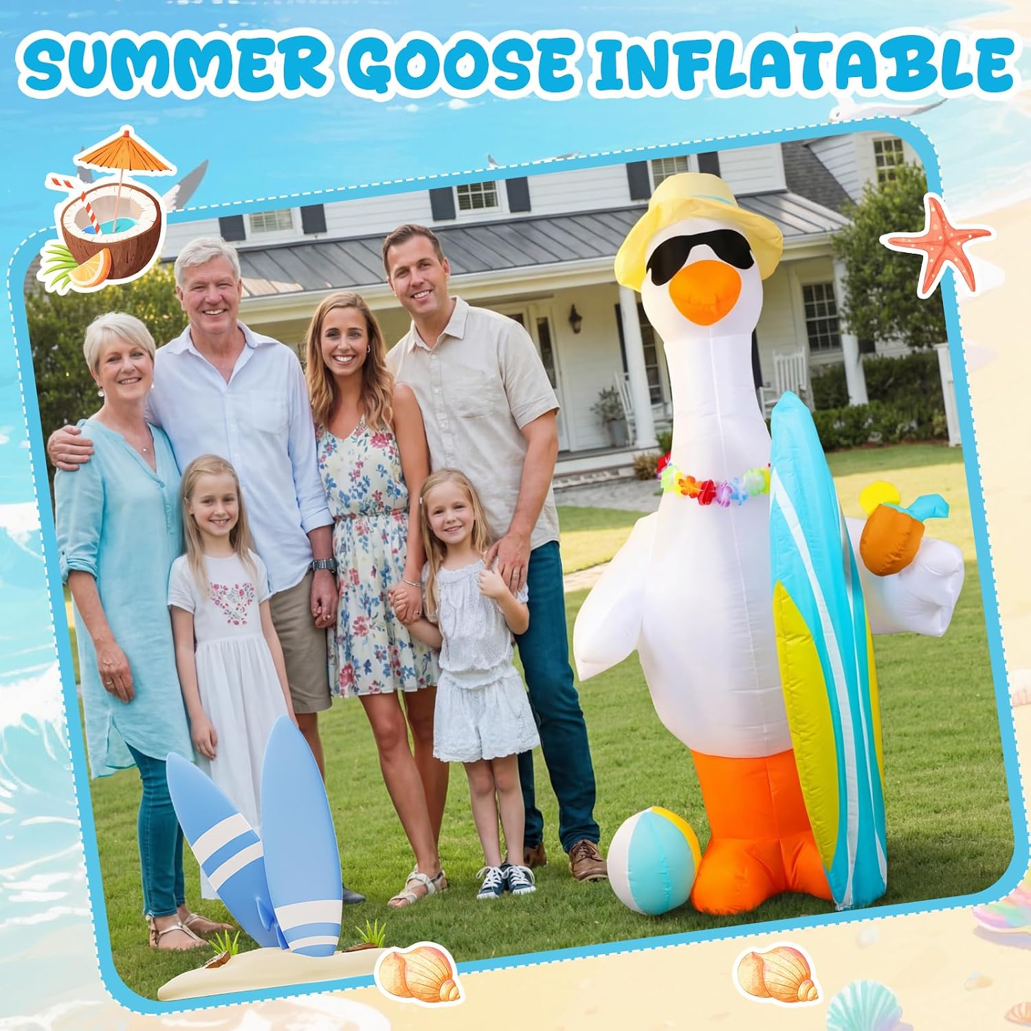 Hungdao 6 ft Summer Inflatable Outdoor Decorations Giant Inflatable Goose with Built-in LED Light Surfboard Beach Ball Blow up Goose Party Favors for Indoor Outdoor Lawn Yard Garden Decor