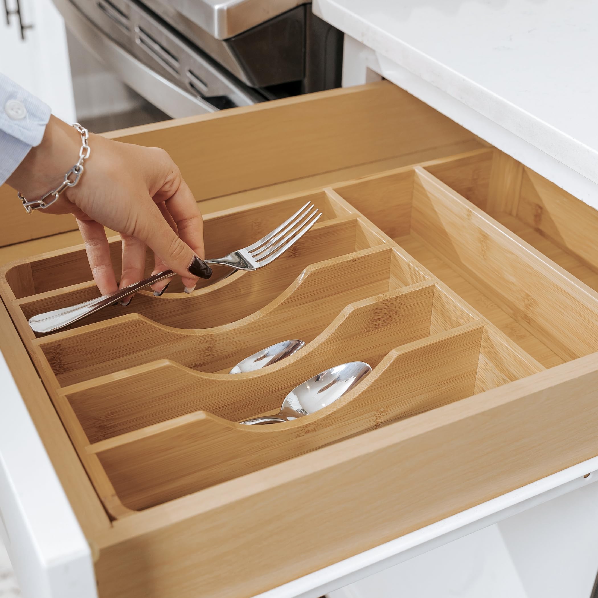 kitchenedge silverware organizer - cutlery, flatware, and utensil holder for kitchen drawers, fixed 10.5'' width, 7 storage compartments, non-slip feet, rounded corners, 100% bamboo