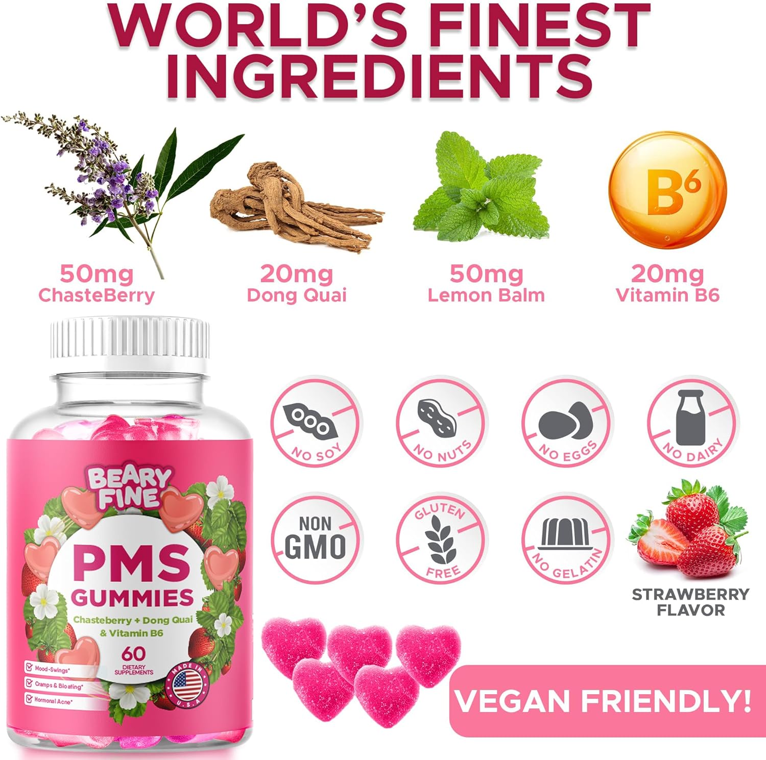 PMS Gummies - PMS Vitamins for Women & Teens - PMS Period Relief - Cramping, Bloating, Mood Swings - Made in The USA (Strawberry, 60 Count) - Image 2