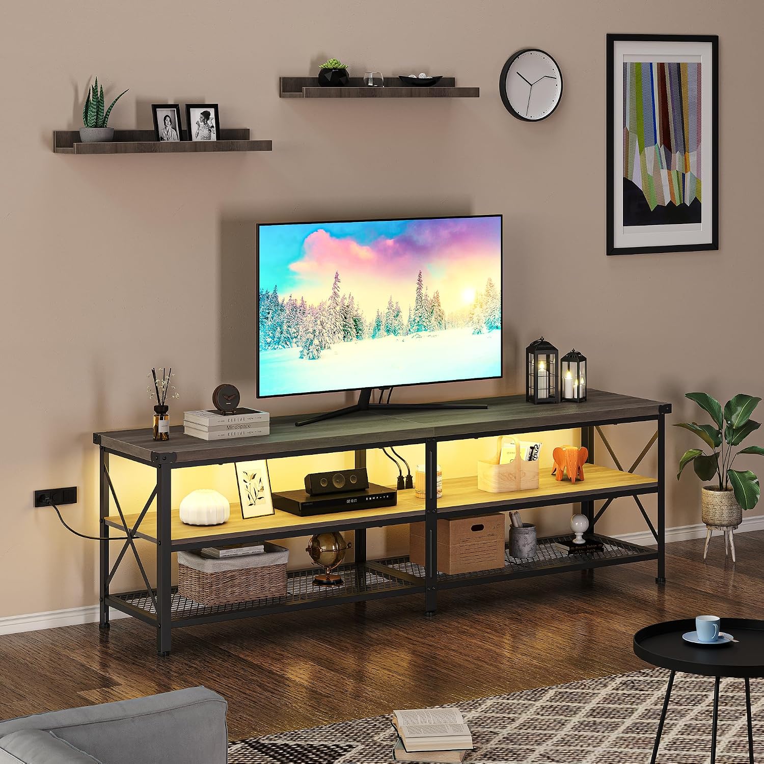 IDEALHOUSE TV Stand for 70+ 80 inch TV, Industrial TV Console Furniture with Power Outlets, LED Gaming TV Stand with Storage Shelf, Entertainment Center TV Media Table for Living Room, Bedroom