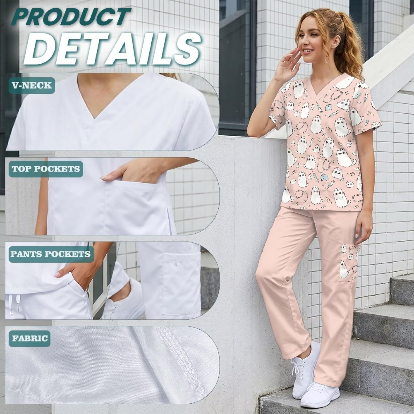 Set di scrub da donna a forma di gatto, con top e pantaloni piccoli con coulisse, per veterinari e veterinari