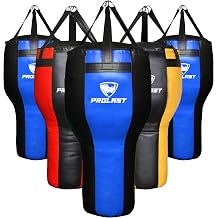 Heavy Angle Punching Bag for Adults, Hook and Uppercut, Boxing, MMA, Martial Arts, Muay Thai, Unfilled, 65 lbs, Vertical Rhino Logo, Black and Blue