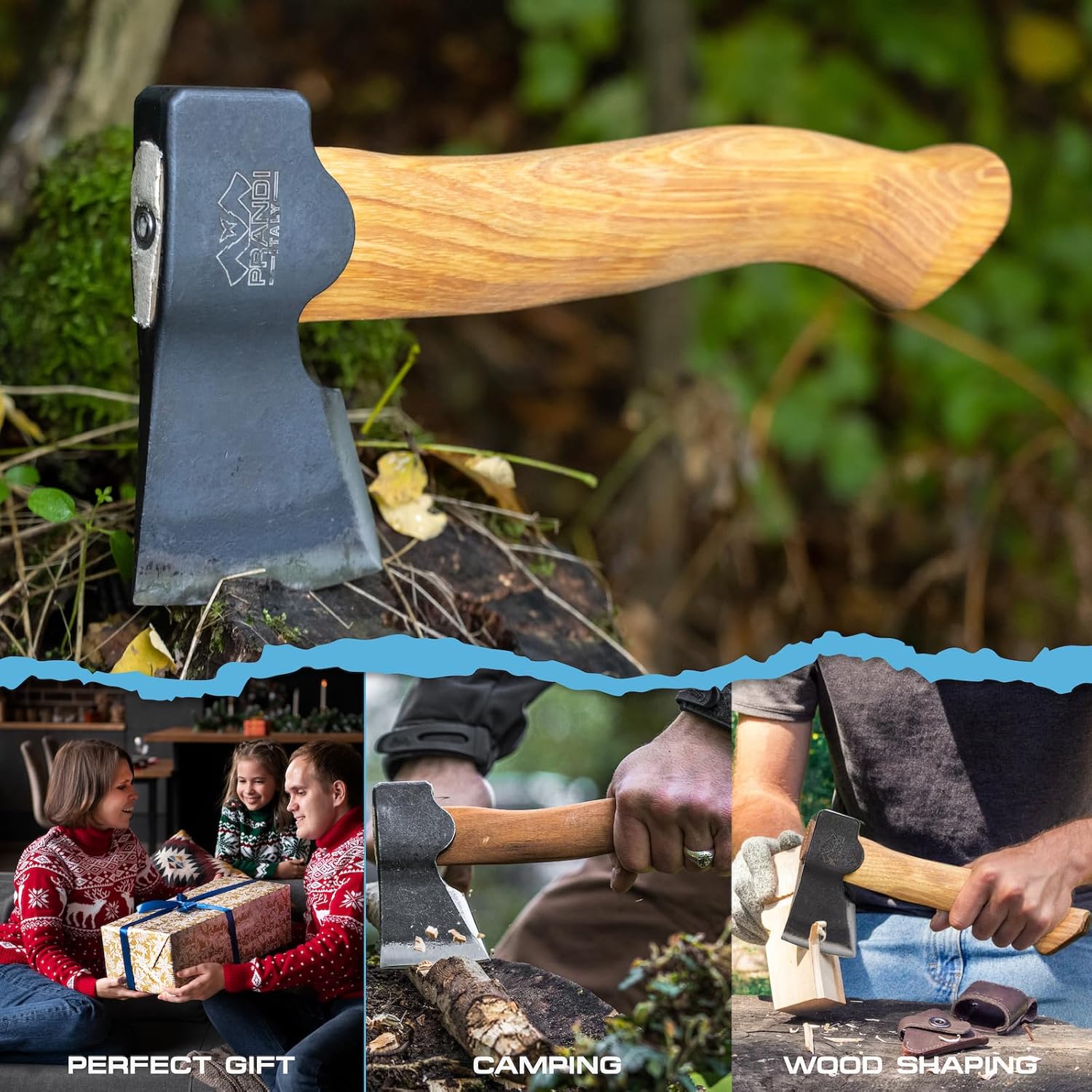 Prandi Segurin Hatchet 88lb - Hickory Handle 11in with Leather String - Ideal for Camping, Travel and Bushcraft - Made in Italy
