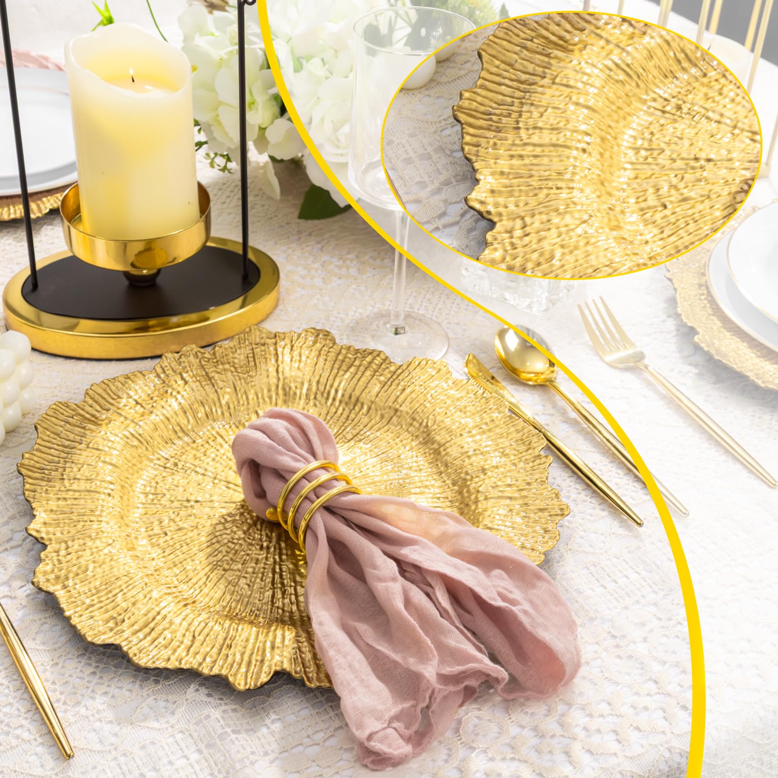 LIYH Lot de 24 assiettes de chargement dorées de 33 cm pour assiettes à dîner, idéales pour décorer une table, une fête de mariage
