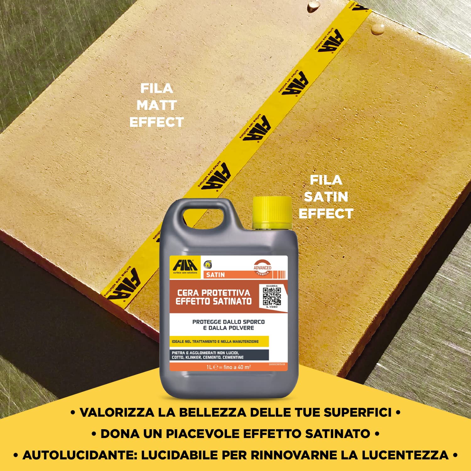 Fila Surface Care Solutions, Satin, Cera Protettiva Ad Effetto Satinato Ideale per Pavimenti in Cotto, Klinker, Pietra e Agglomerati Non Lucidi, Cementine, 1L
