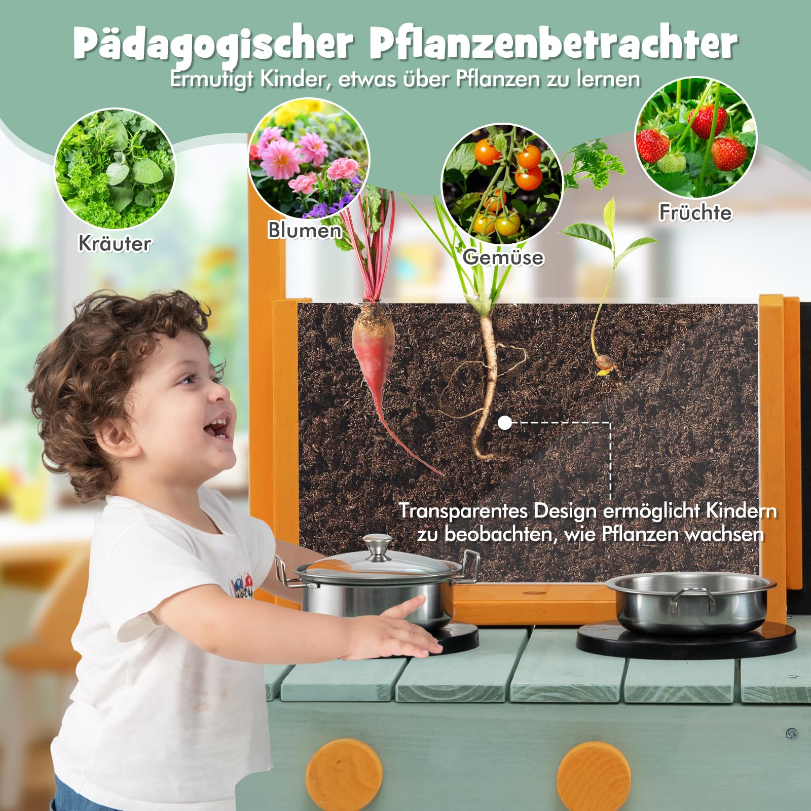 DREAMADE Matschküche Kinder Outdoor, Kinderküche Tannenholz, Spielküche mit Wasserhahn, Waschbecken, Herd, Tafel & Pflanzenbetrachter, Outdoor Küche inkl. 8 TLG. Zubehör für Kinder ab 3 Jahren (Grün)