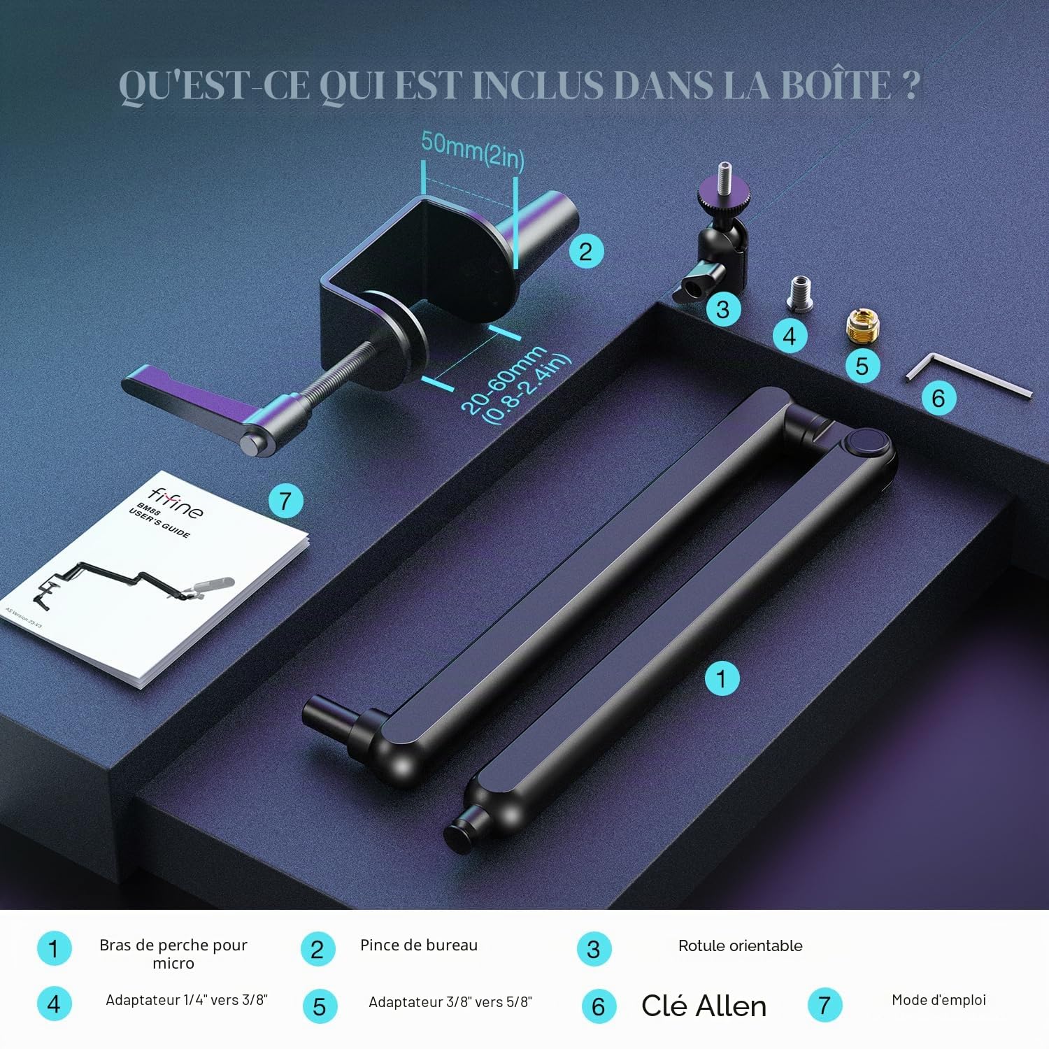 FIFINE BM88 Bras de microphone avec pince de fixation de bureau, adaptateur à vis, gestion des câbles, support de microphone à suspension pour microphone perche, pour podcast, streaming, studio de jeu