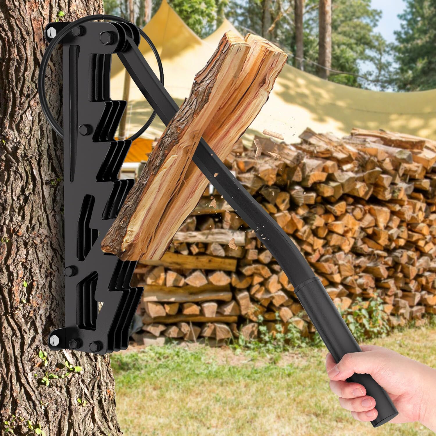 Fendeur de bûches manuel avec longue poignée, fendeur de bois de chauffage portable pour bois tendre, avec sac à bois de chauffage, pour l'intérieur et l'extérieur, noir