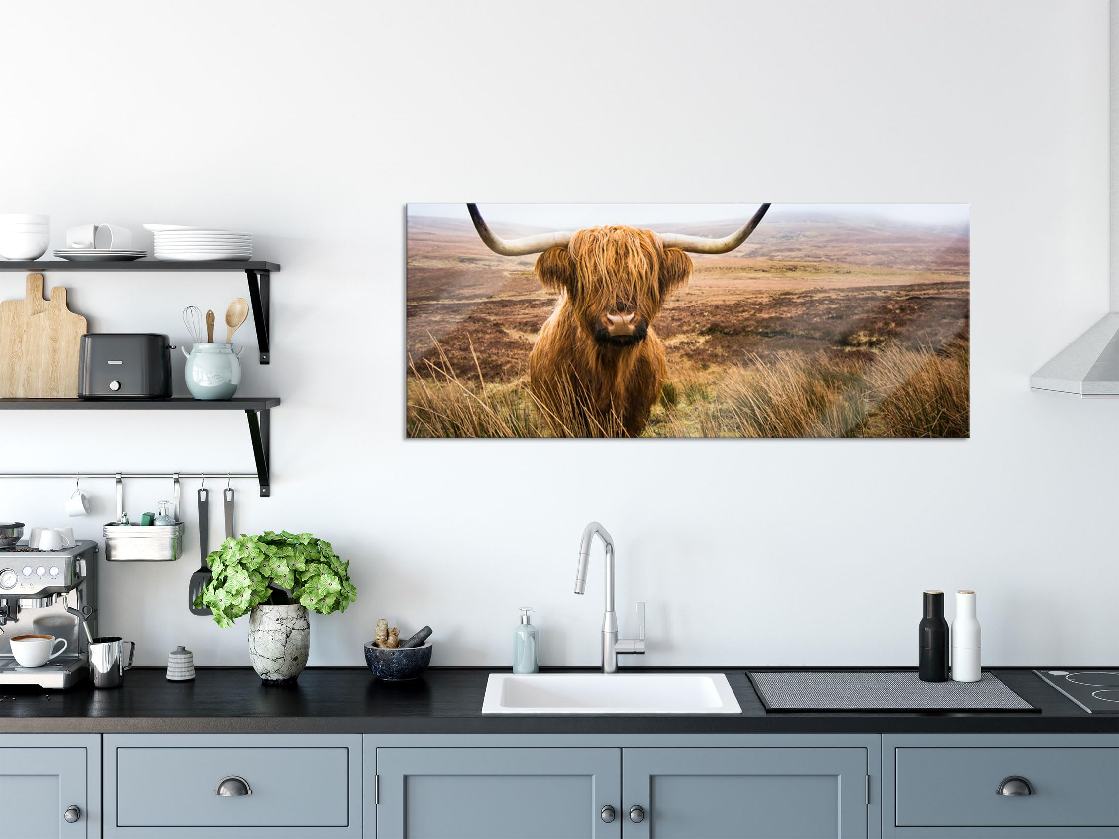 Tableau panoramique sur verre - Décoration murale en verre véritable - Bœuf des Highland avec de grandes cornes - Steppe - 120 x 50 cm - Avec suspension et entretoises