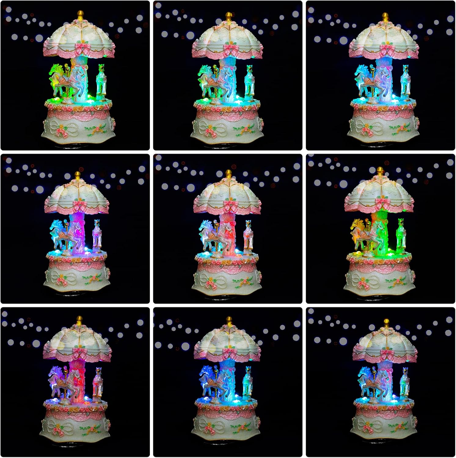 Carousel Music Boxes for Women: 3-Horse Luminous Rotating Musical Boxes Gifts - Color Change LED Lights Musical Gift for Birthday Christmas Pink Music Box