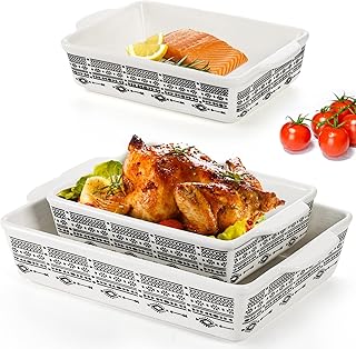 YOUEON Set of 3 Ceramic Baking Dish with Handles, Porcelain Bakeware Set with Boho Pattern, Casserole Dish, Lasagna Pans, ...