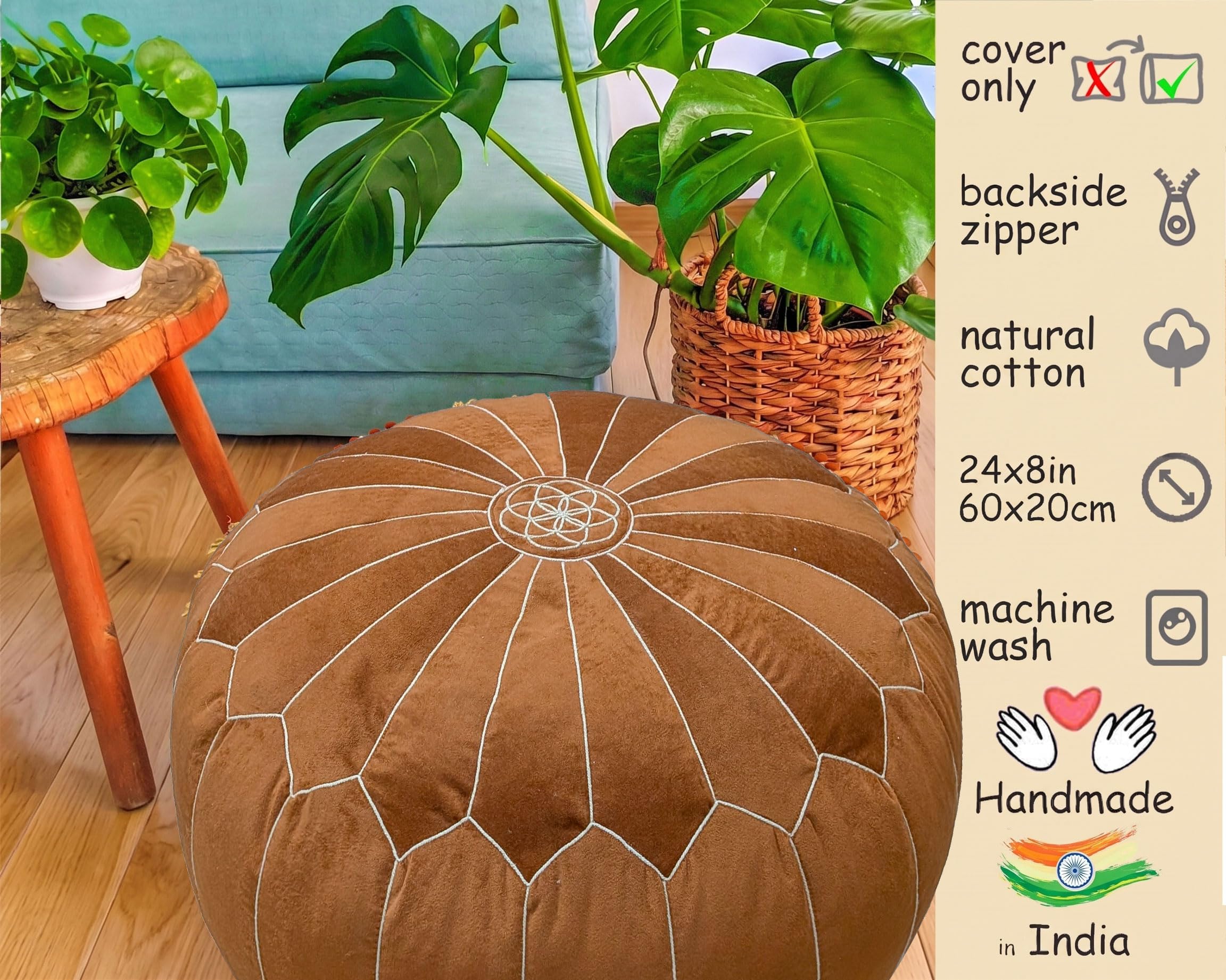 Pouf da pavimento in velluto marocchino arancione bruciato, cuscino rotondo ottomano con ricamo mandala, cuciture a pannello fatte a mano, seduta da pavimento bohémien, per soggiorno, meditazione e
