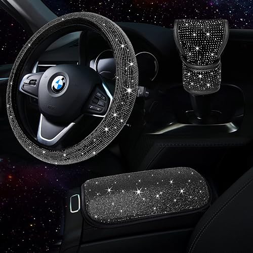 TZARROT Bling Juego de accesorios para el automóvil para mujer cubierta de brillos para el volante con ajuste universal de 15pulgadas cubierta de