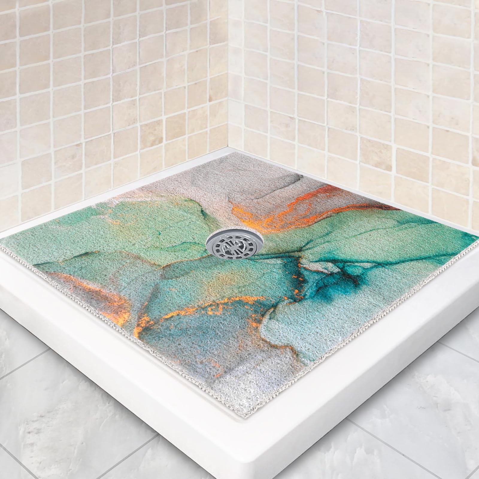 Square Shower Mat Non Slip: 32 x 32 Inch Extra Large Shower Mats with Drain Hole in Middle - PVC Loofah Anti Slip Shower Floor Matt for Inside Shower