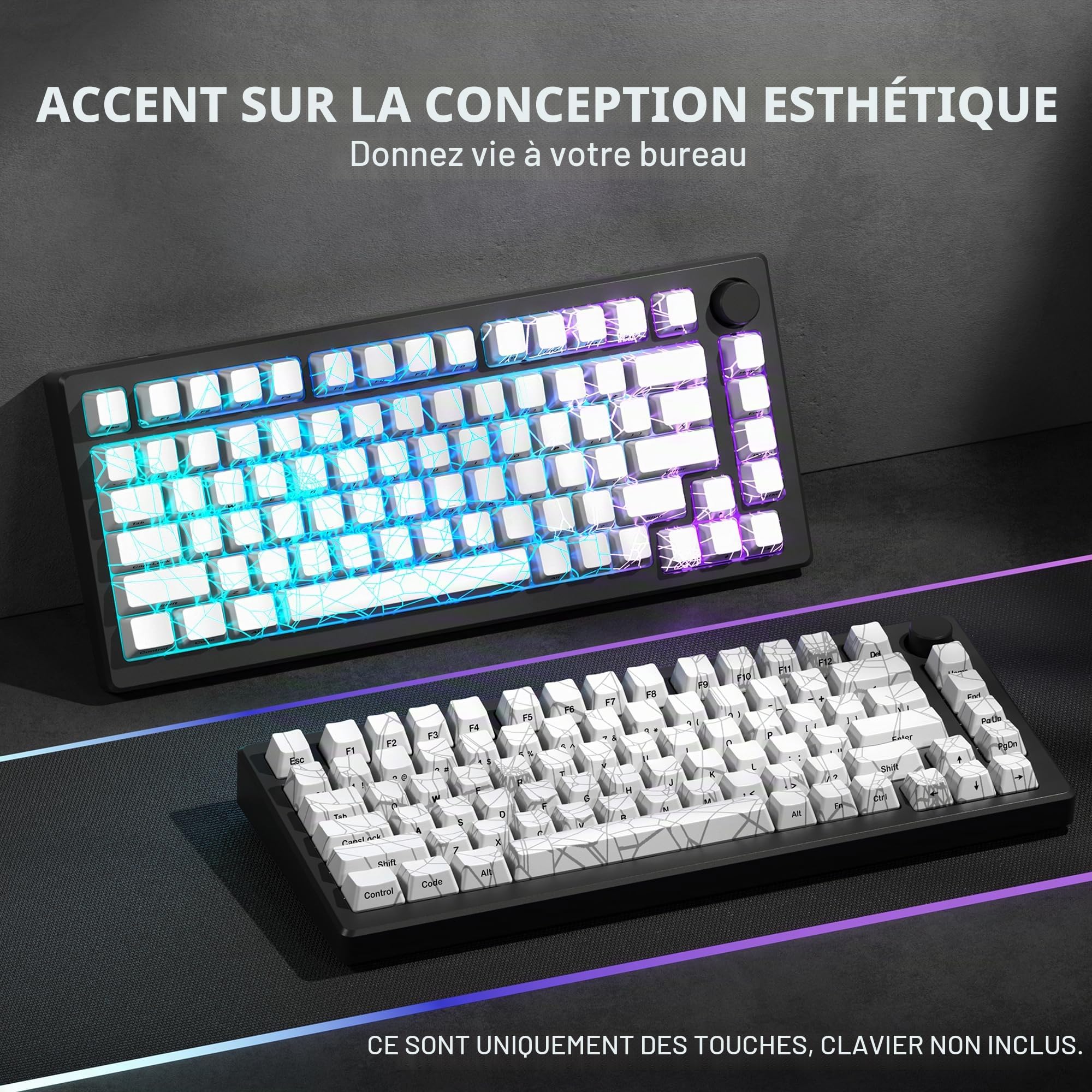 HITIME XVX Shine Through Keycaps w/IMD Tech, Custom Spider Web Keycaps 60 75 100%, Touches Blanches rétroéclairées, Profil OEM côté imprimé pour claviers